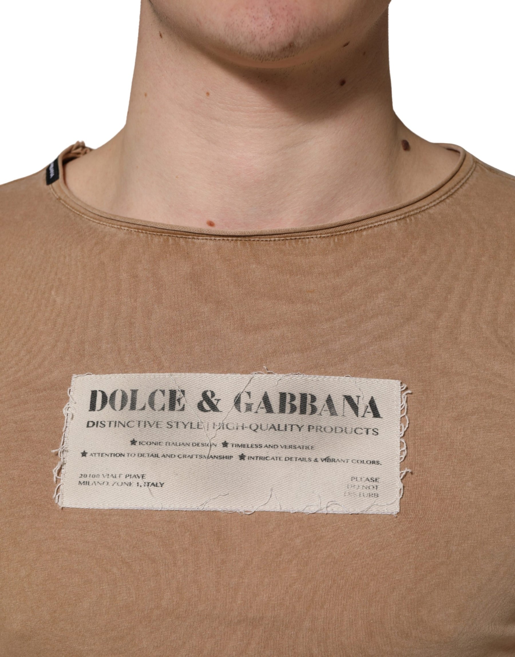 Dolce & Gabbana Brown Cotton Logo Patch Round Neck T-shirt | Regal Royce
