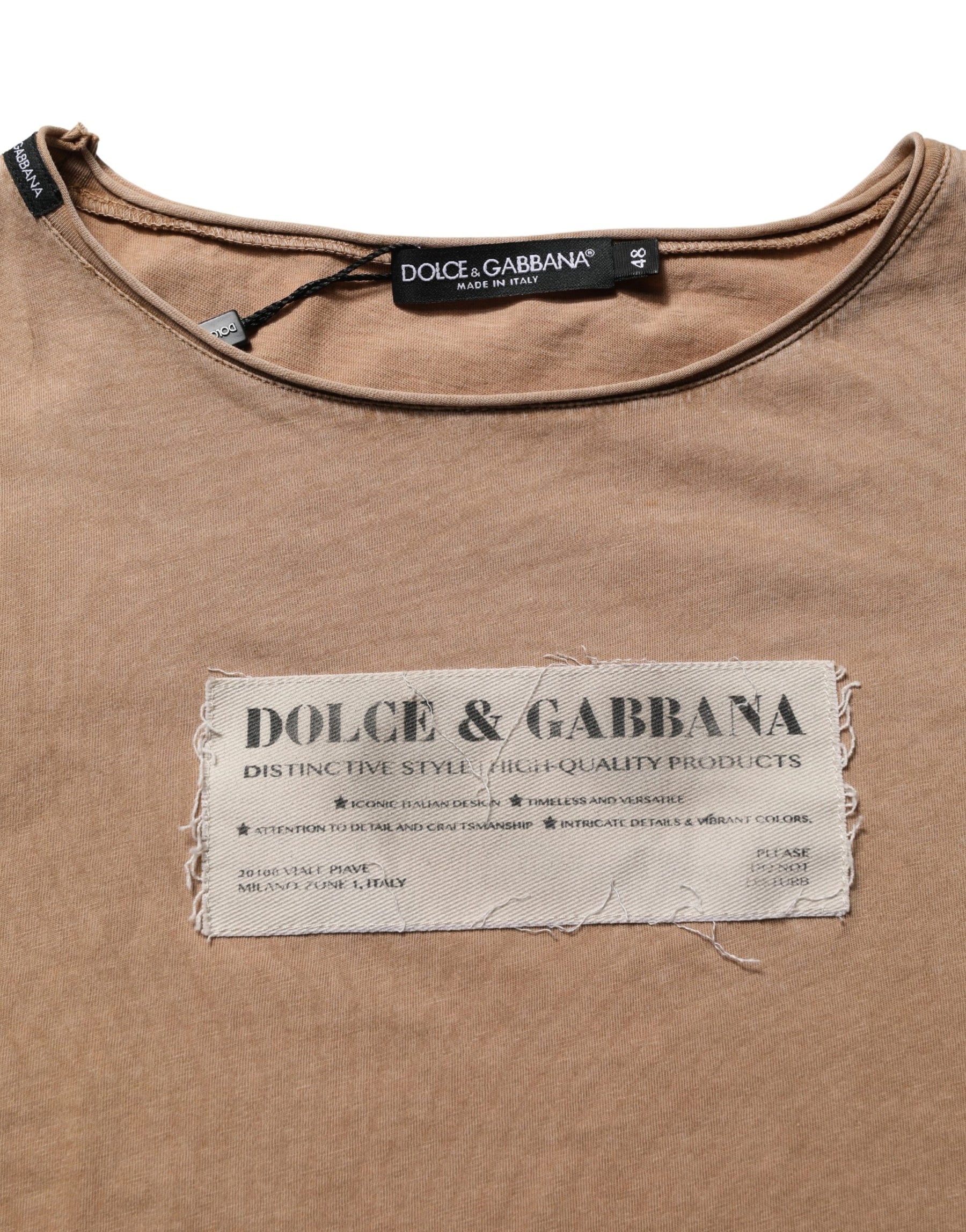 Dolce & Gabbana Brown Cotton Logo Patch Round Neck T-shirt | Regal Royce