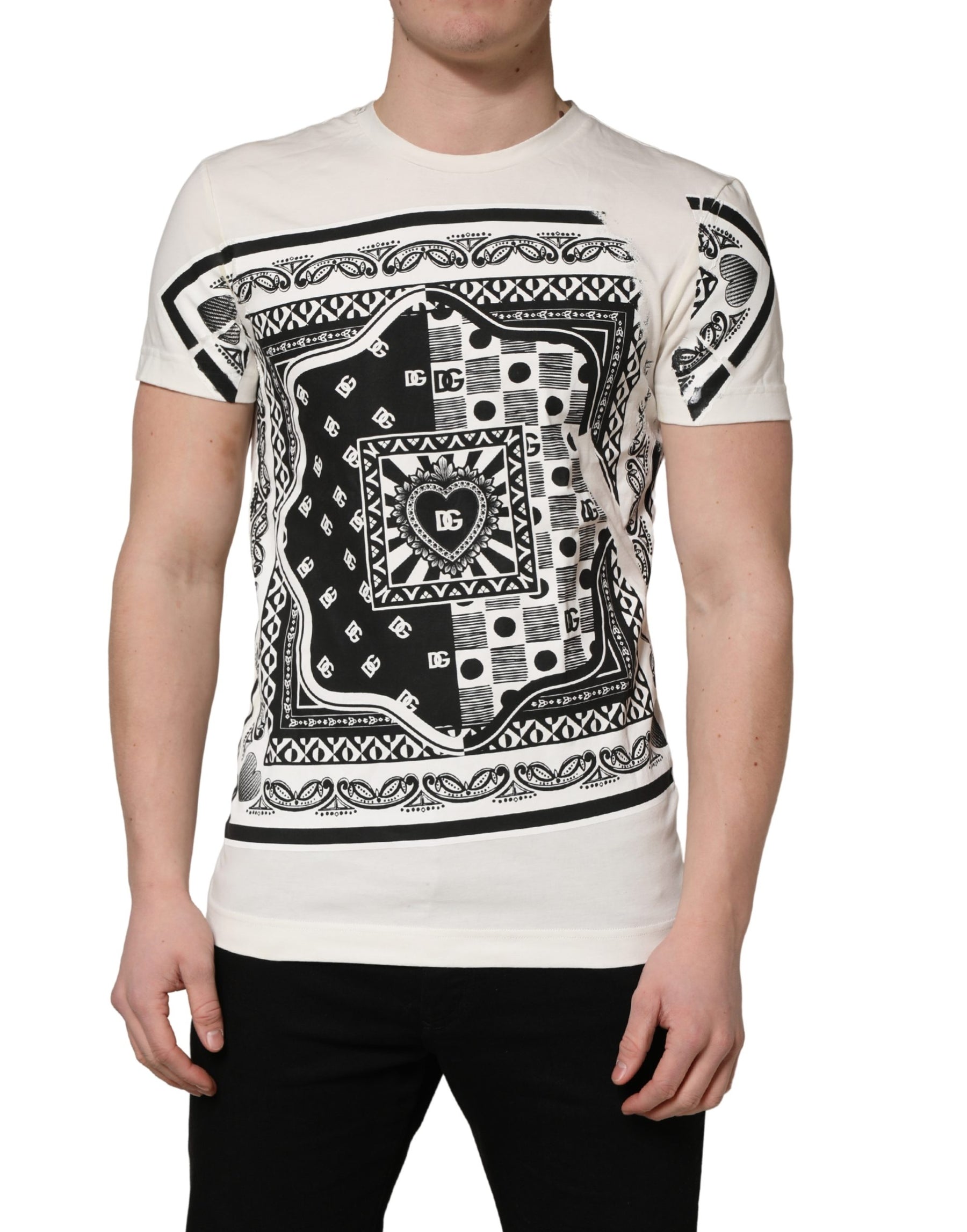 Dolce & Gabbana White Cotton Logo Bandana Print Men T-shirt | Regal Royce