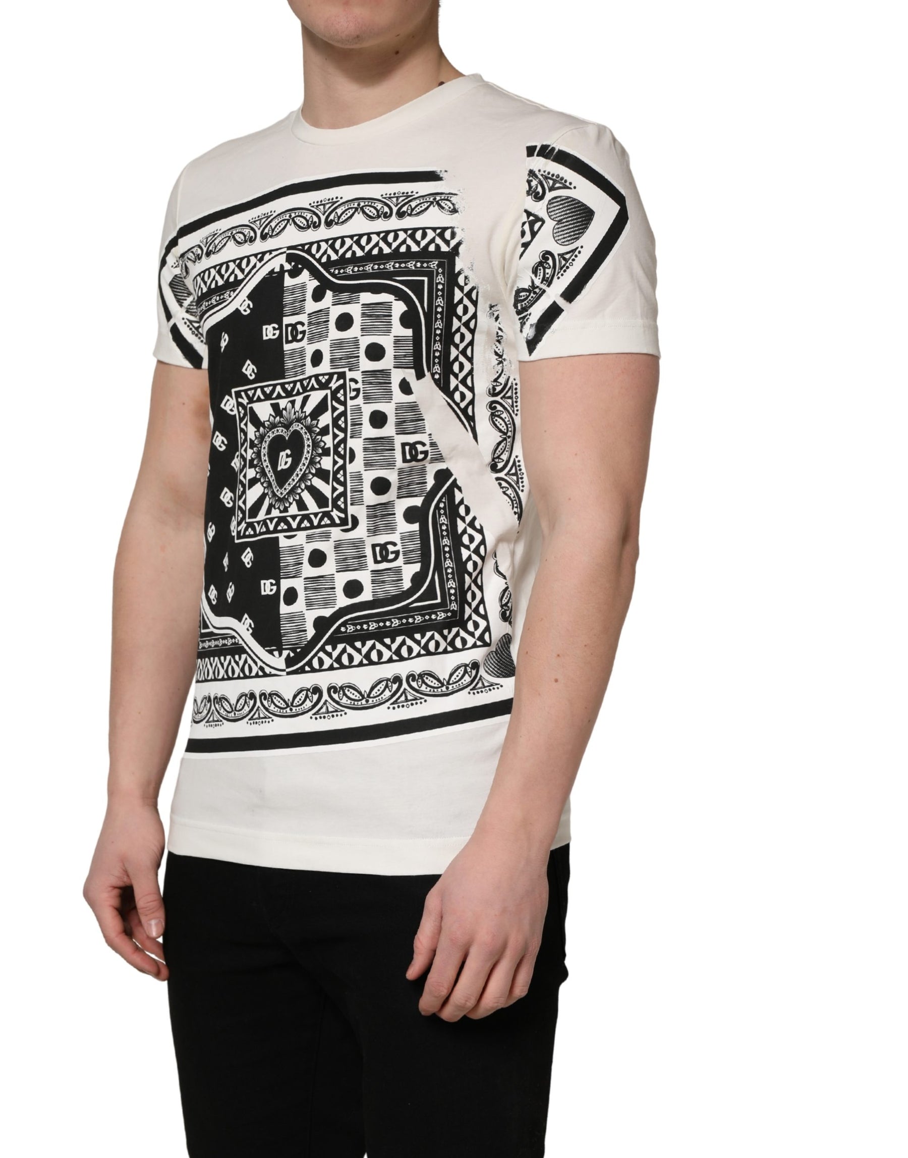 Dolce & Gabbana White Cotton Logo Bandana Print Men T-shirt | Regal Royce
