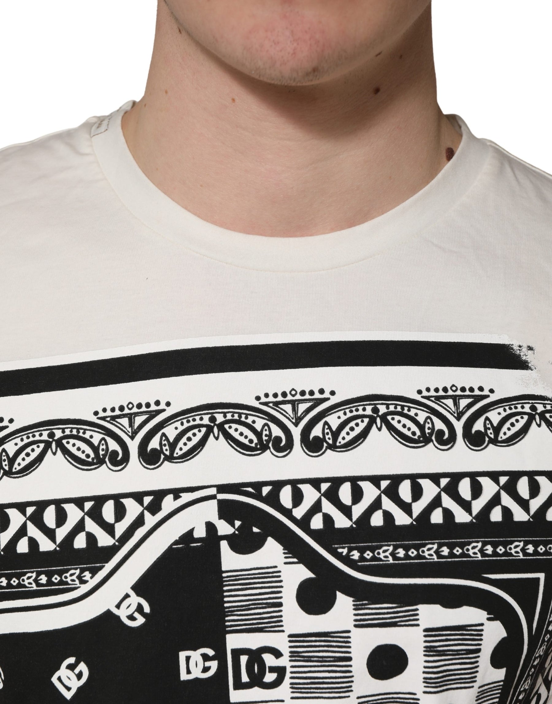 Dolce & Gabbana White Cotton Logo Bandana Print Men T-shirt | Regal Royce