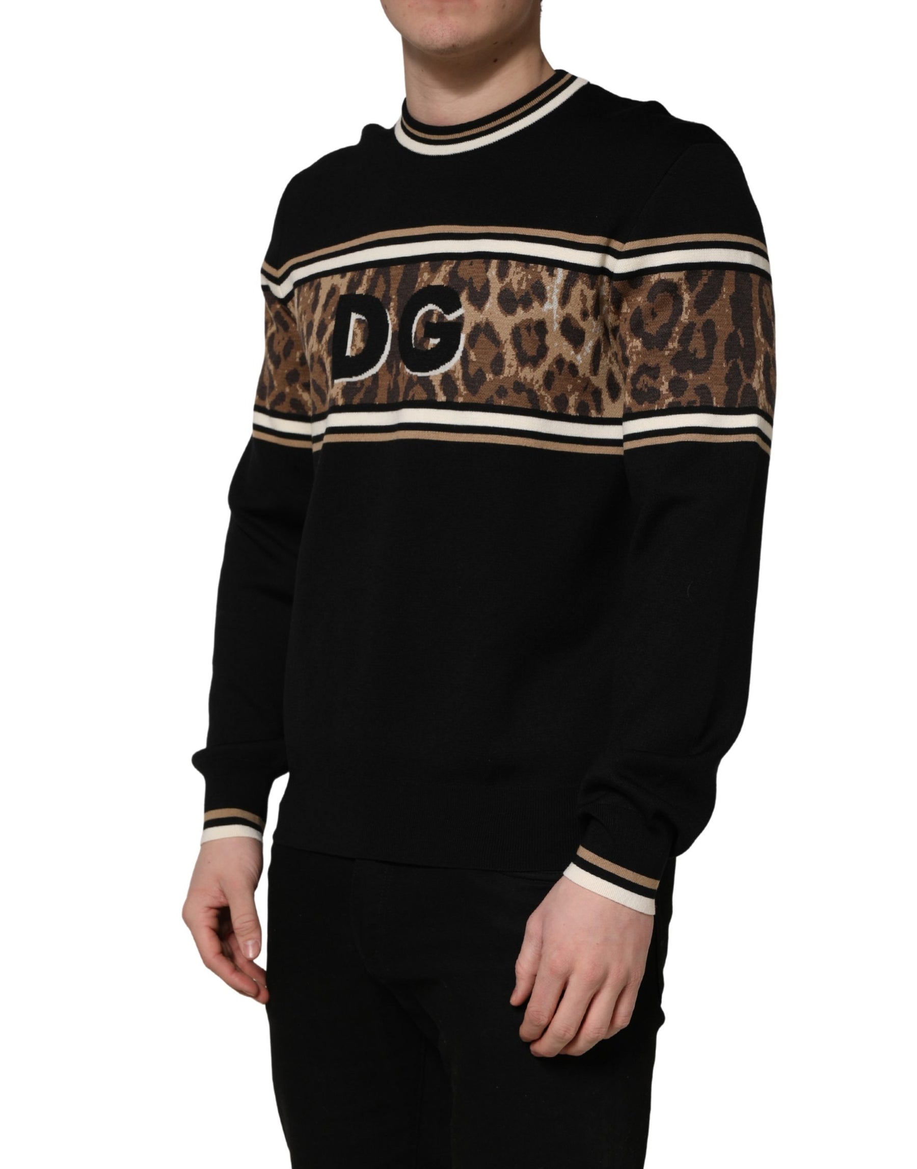 Dolce & Gabbana Black Leopard Wool Crew Neck Men Pullover Sweater | Regal Royce
