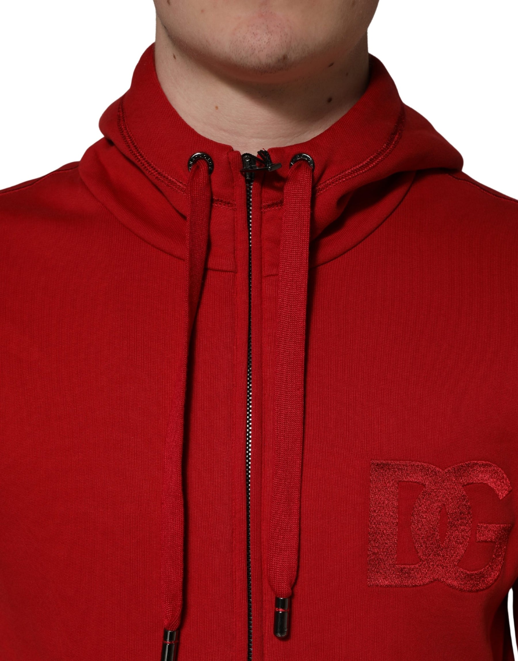 Dolce & Gabbana Red Embroidered Logo Hooded Full Zip Sweater | Regal Royce