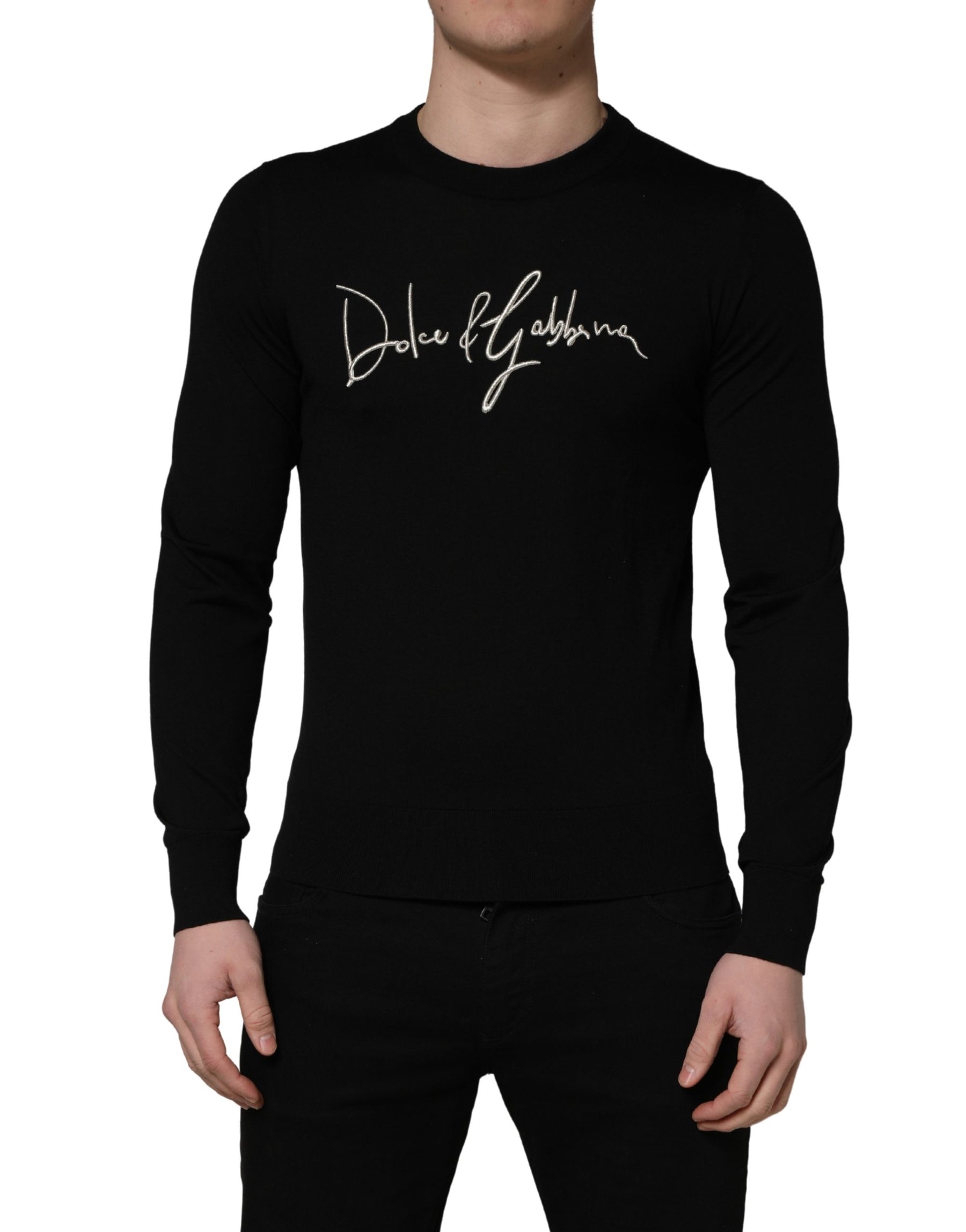 Dolce & Gabbana Black embroidered Logo Crew Neck Pullover Sweater | Regal Royce