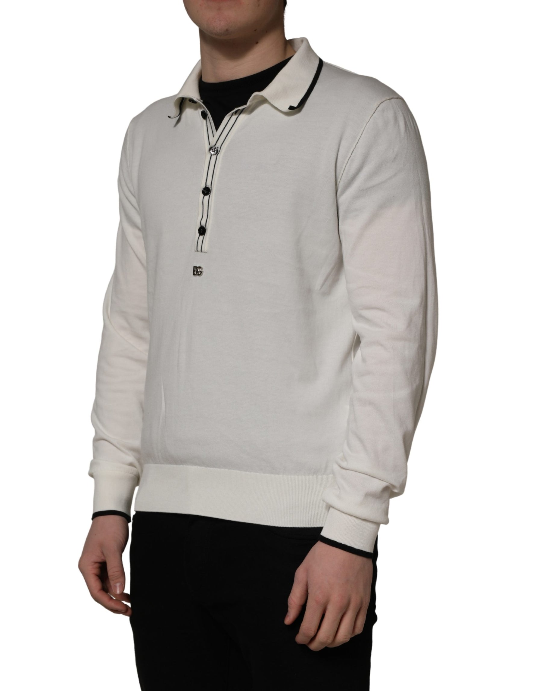 Dolce & Gabbana White Cotton Blend Men Polo Pullover Sweater | Regal Royce