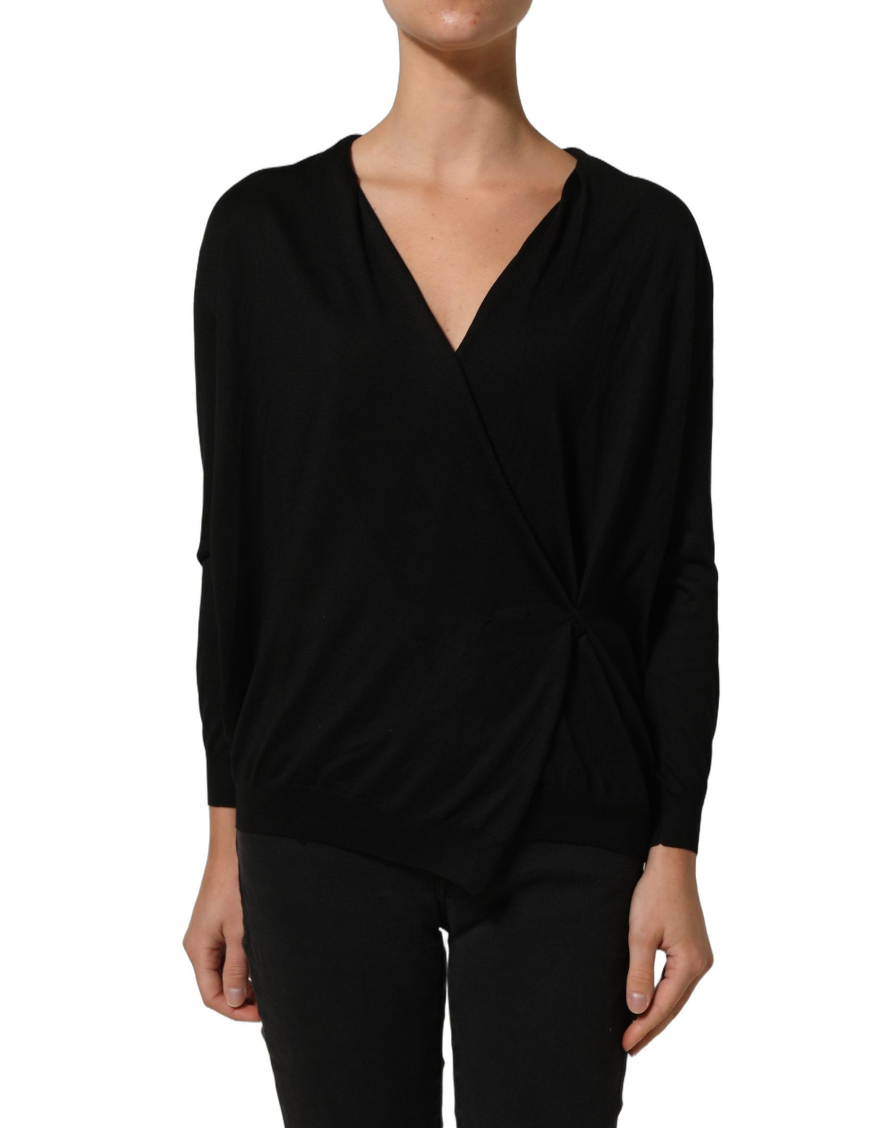Dolce & Gabbana Black Silk Long Sleeves Draped Blouse Top | Regal Royce