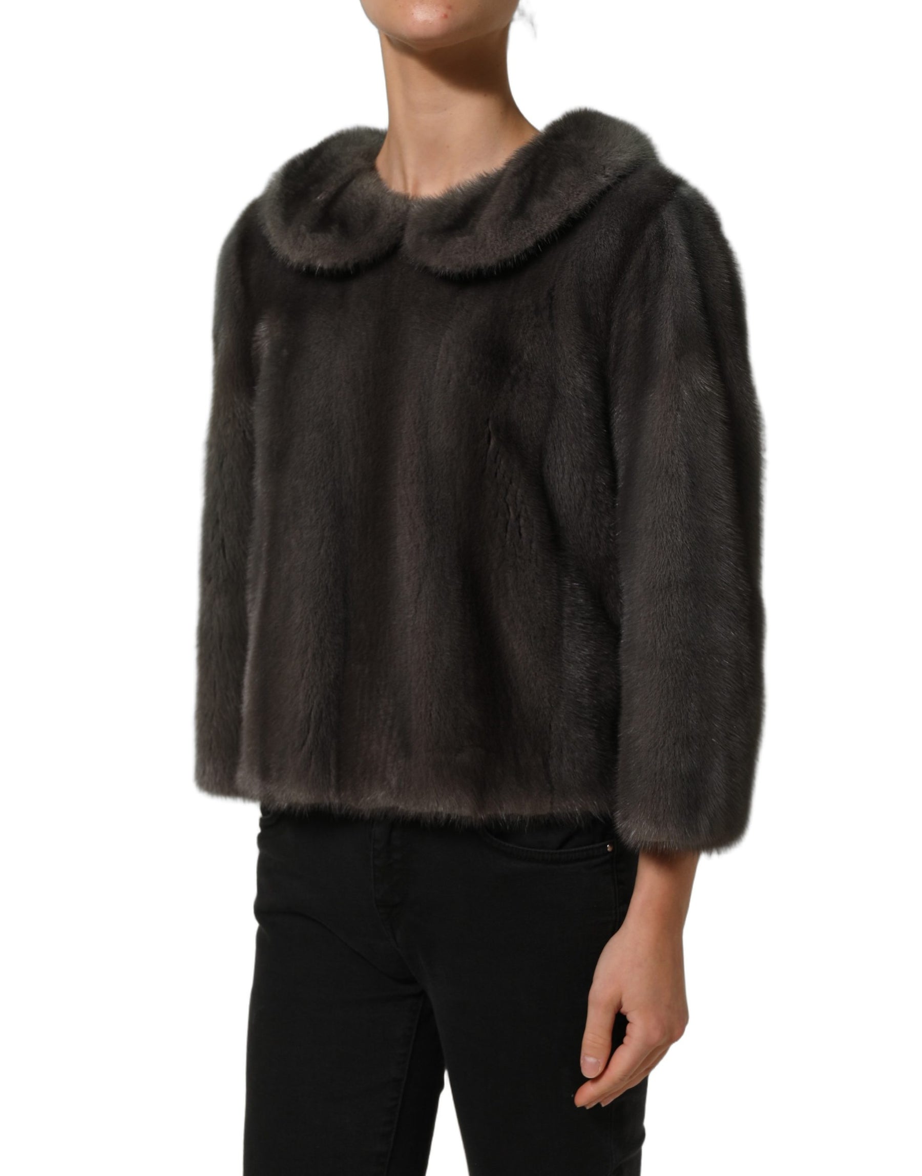Dolce & Gabbana Dark Gray Mink Fur Round Collar Blouse Top | Regal Royce