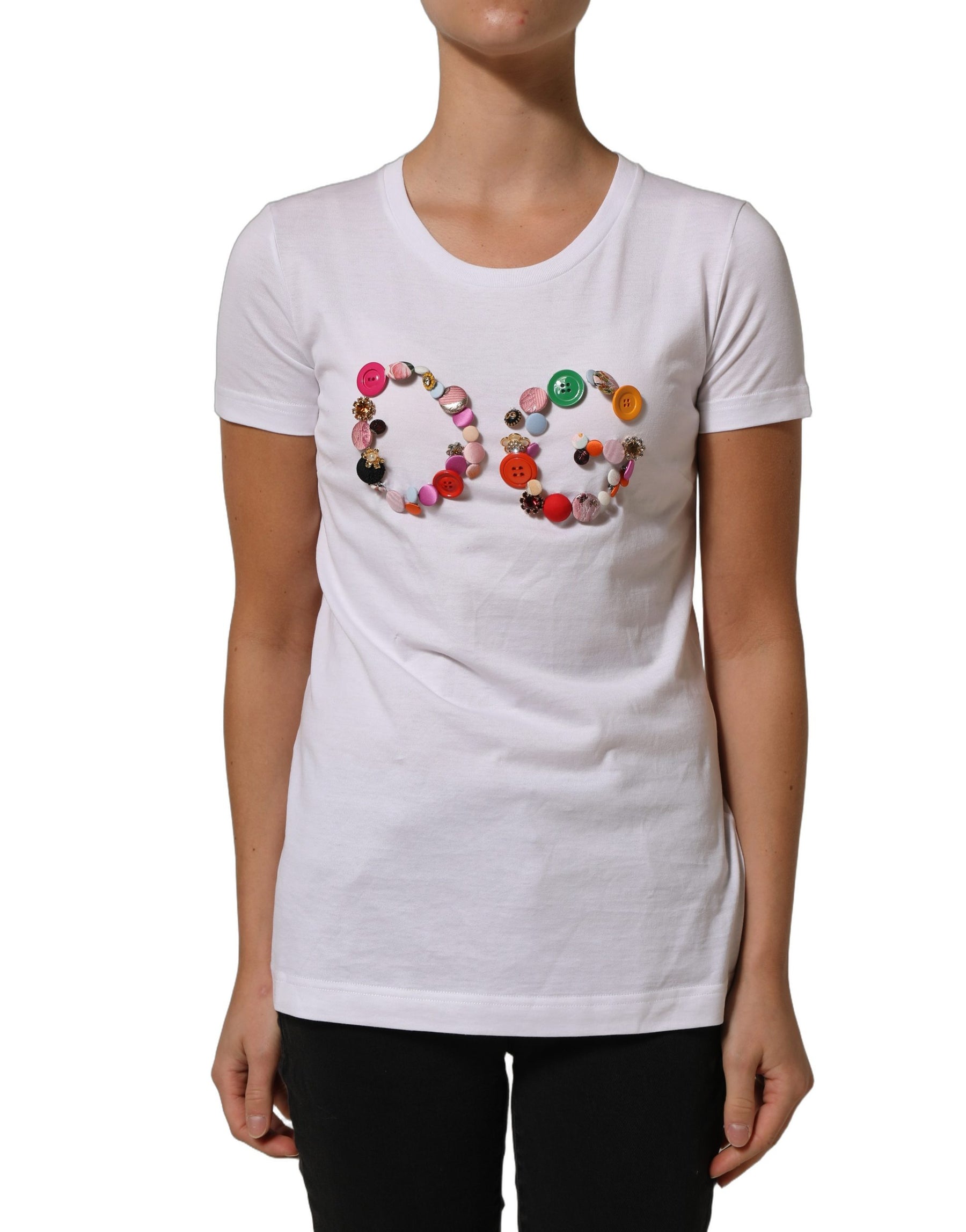 Dolce & Gabbana White DG Logo Embellished Round Neck T-shirt | Regal Royce