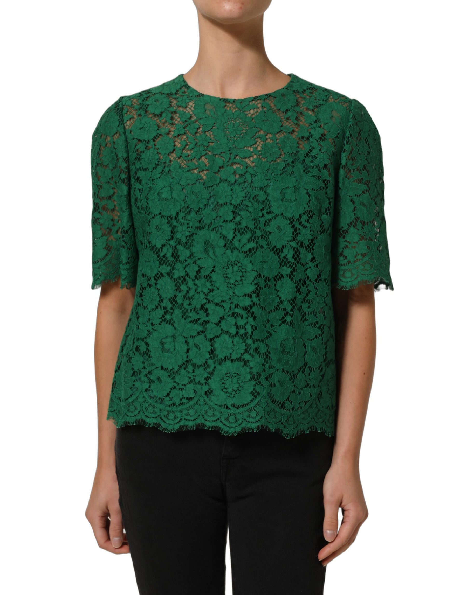 Dolce & Gabbana Green Floral Lace Round Neck Blouse Top | Regal Royce