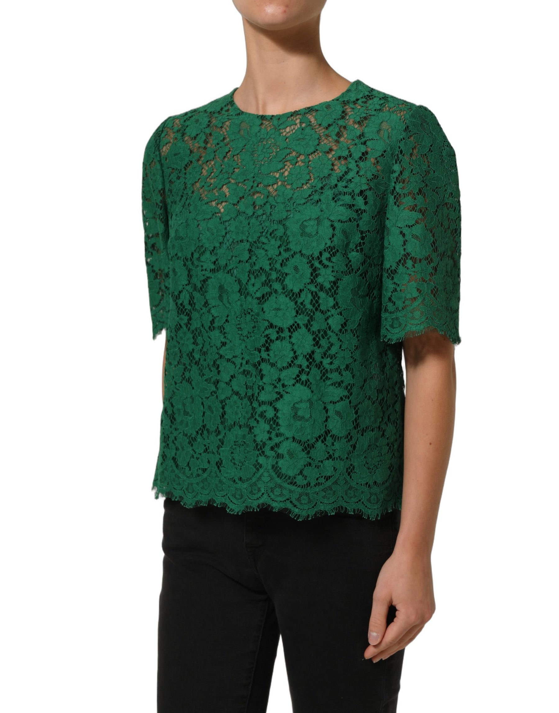 Dolce & Gabbana Green Floral Lace Round Neck Blouse Top | Regal Royce
