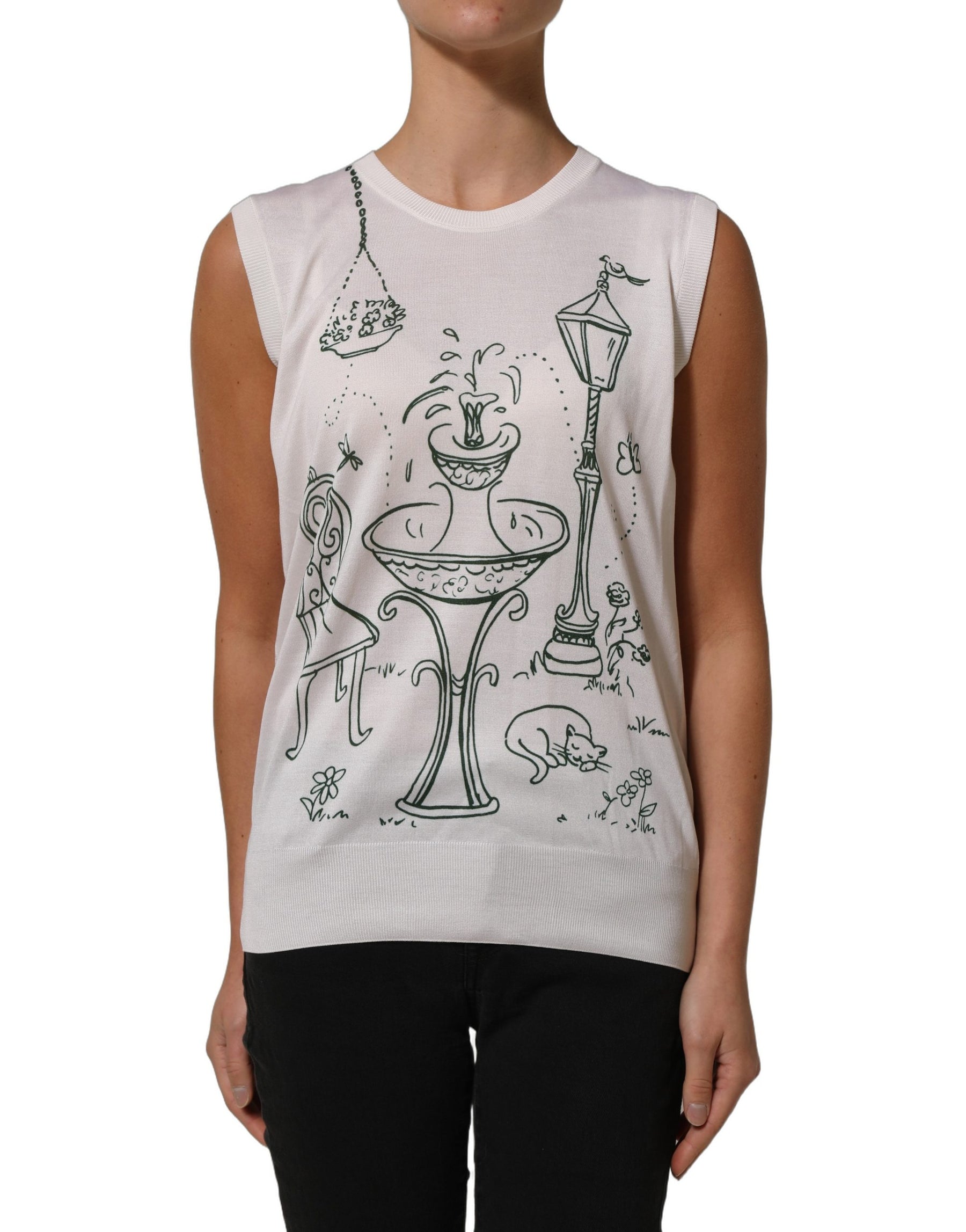 Dolce & Gabbana White Silk Knit Garden Fountain Print Tank Top | Regal Royce