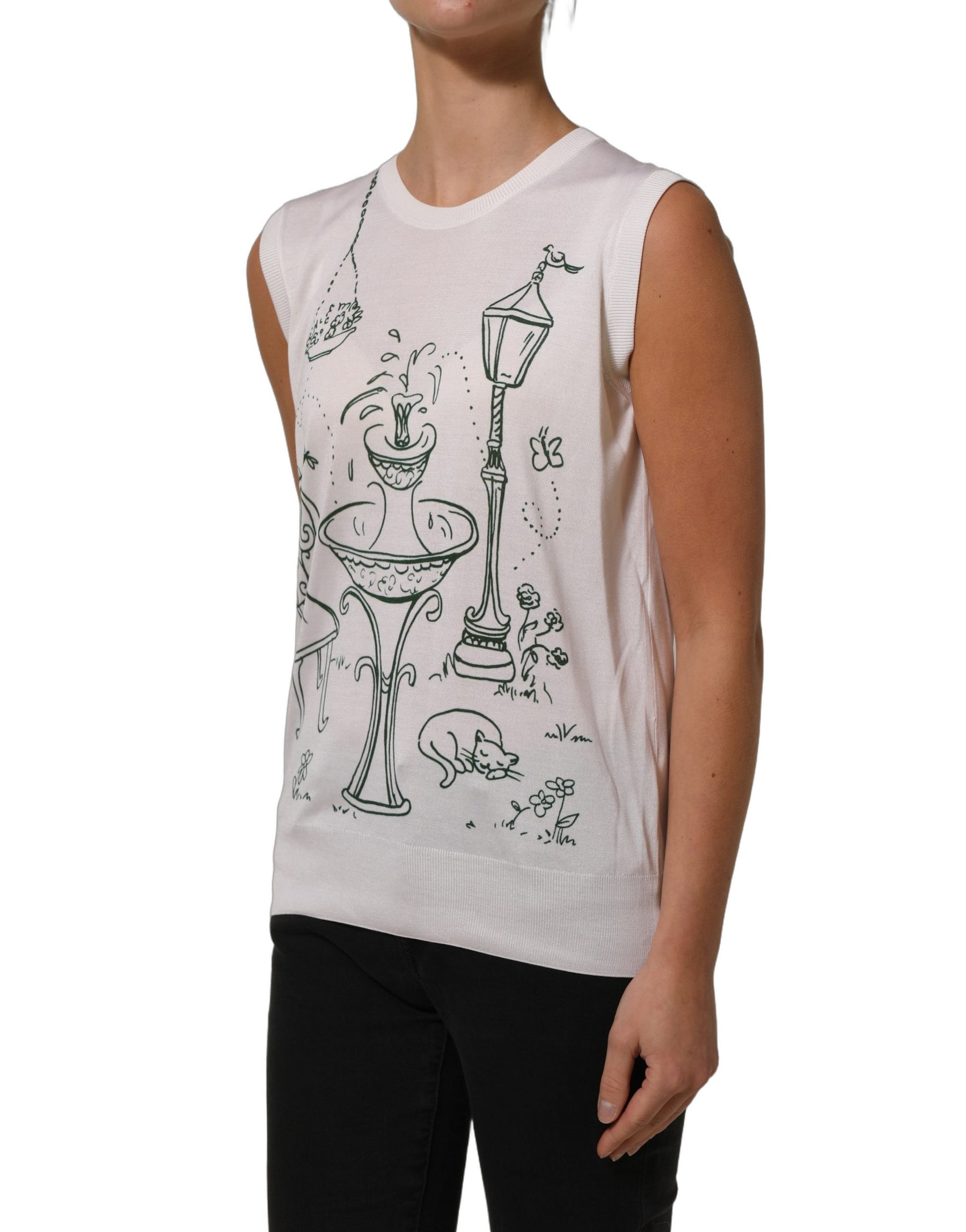 Dolce & Gabbana White Silk Knit Garden Fountain Print Tank Top | Regal Royce