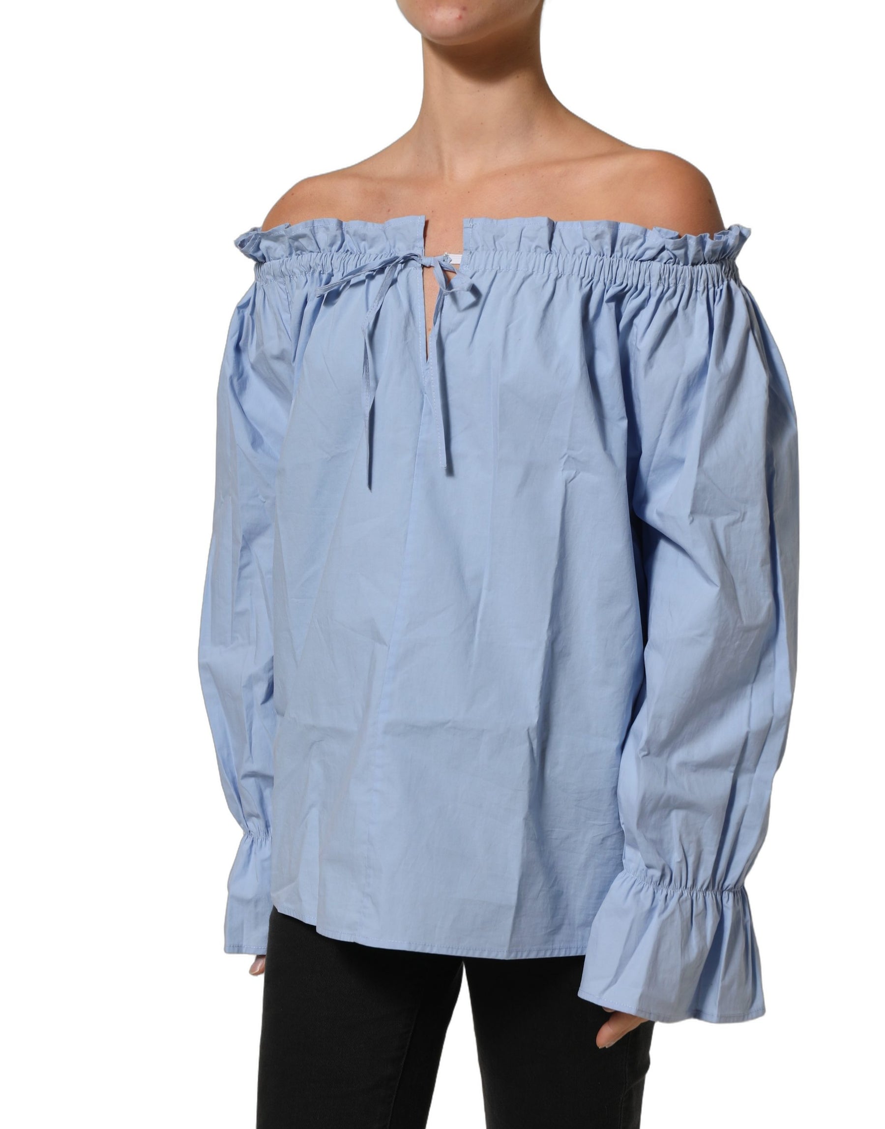 L'Autre Chose Light Blue Cotton Off Shoulder Long Sleeves Top | Regal Royce