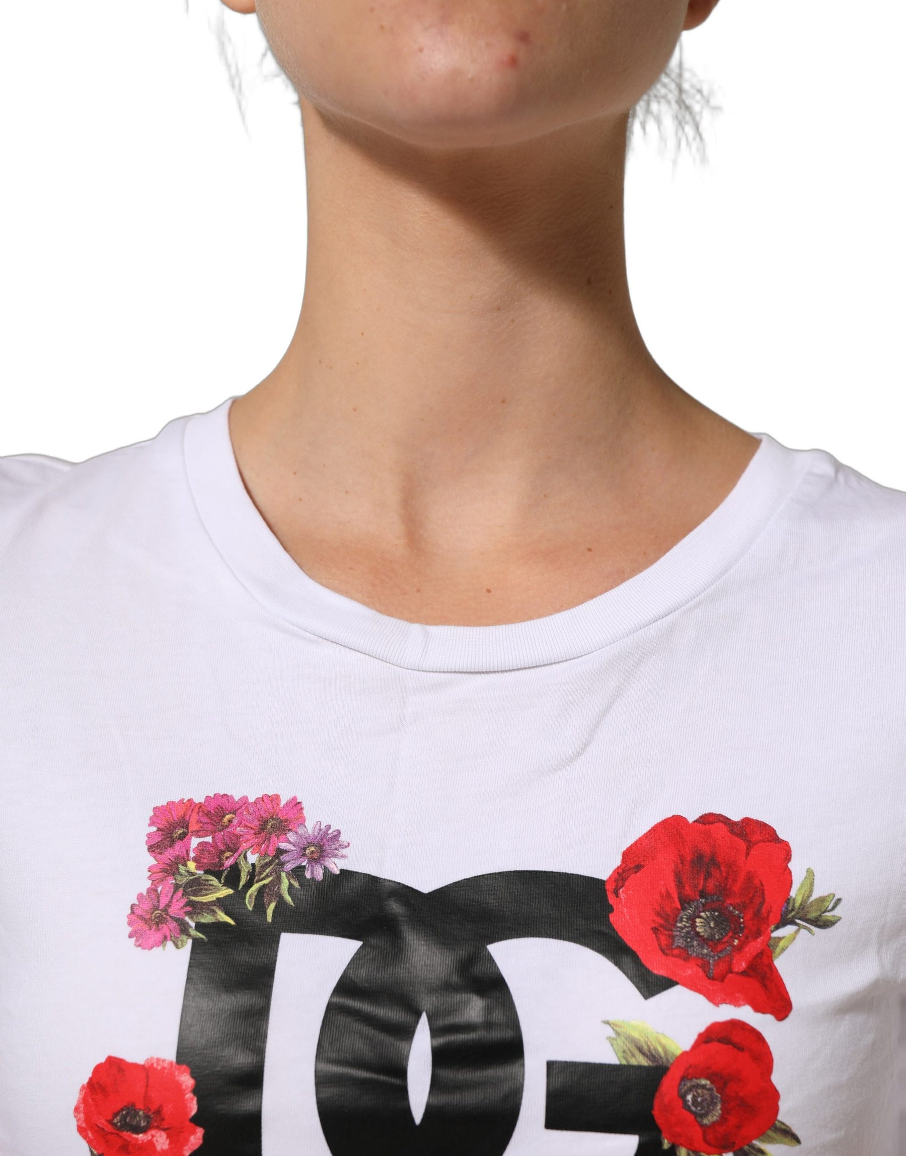 Dolce & Gabbana White Floral Logo Cotton Round Neck T-shirt | Regal Royce