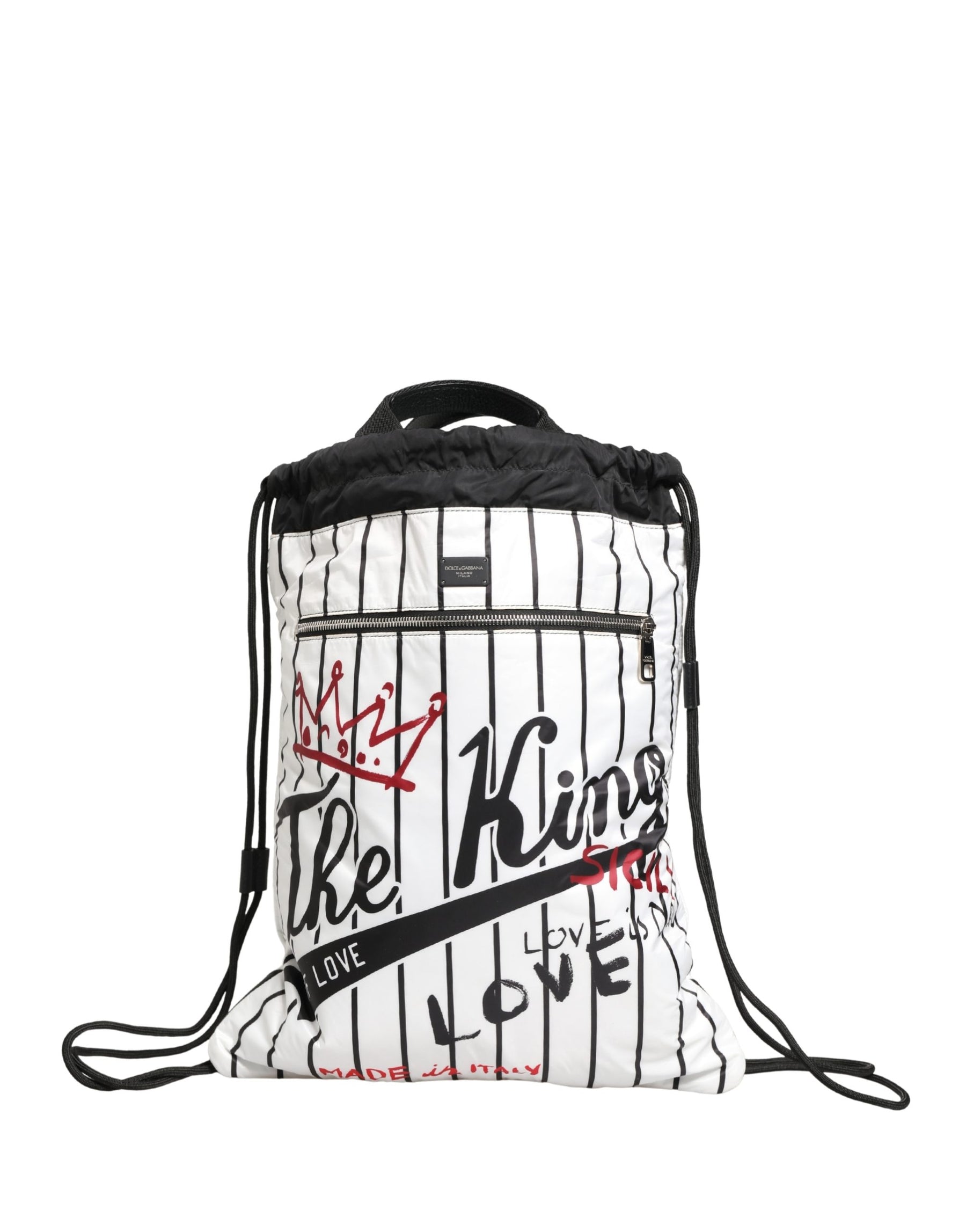 Dolce & Gabbana Black White Striped Polyester Drawstring Backpack Men Bag | Regal Royce
