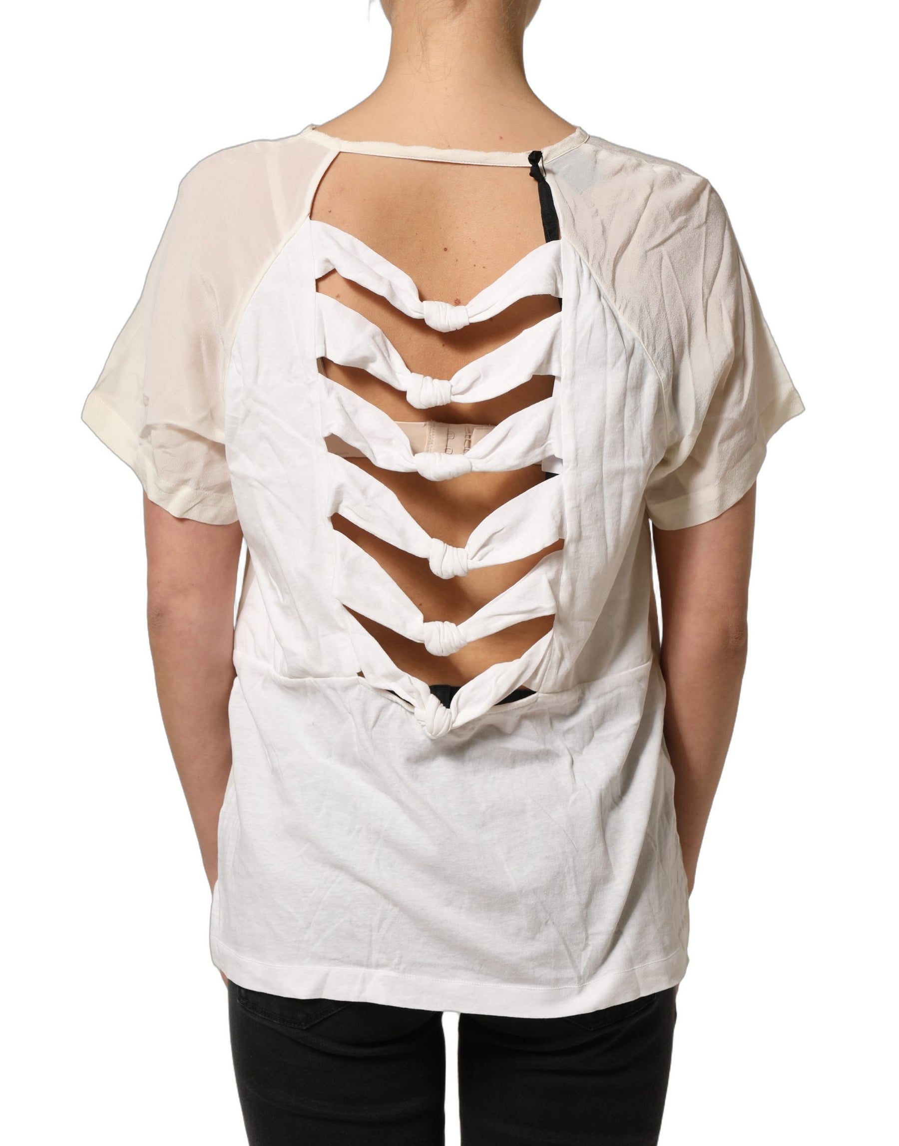PINKO Off White Silk Sheer Round Neck Short Sleeves Blouse Top | Regal Royce