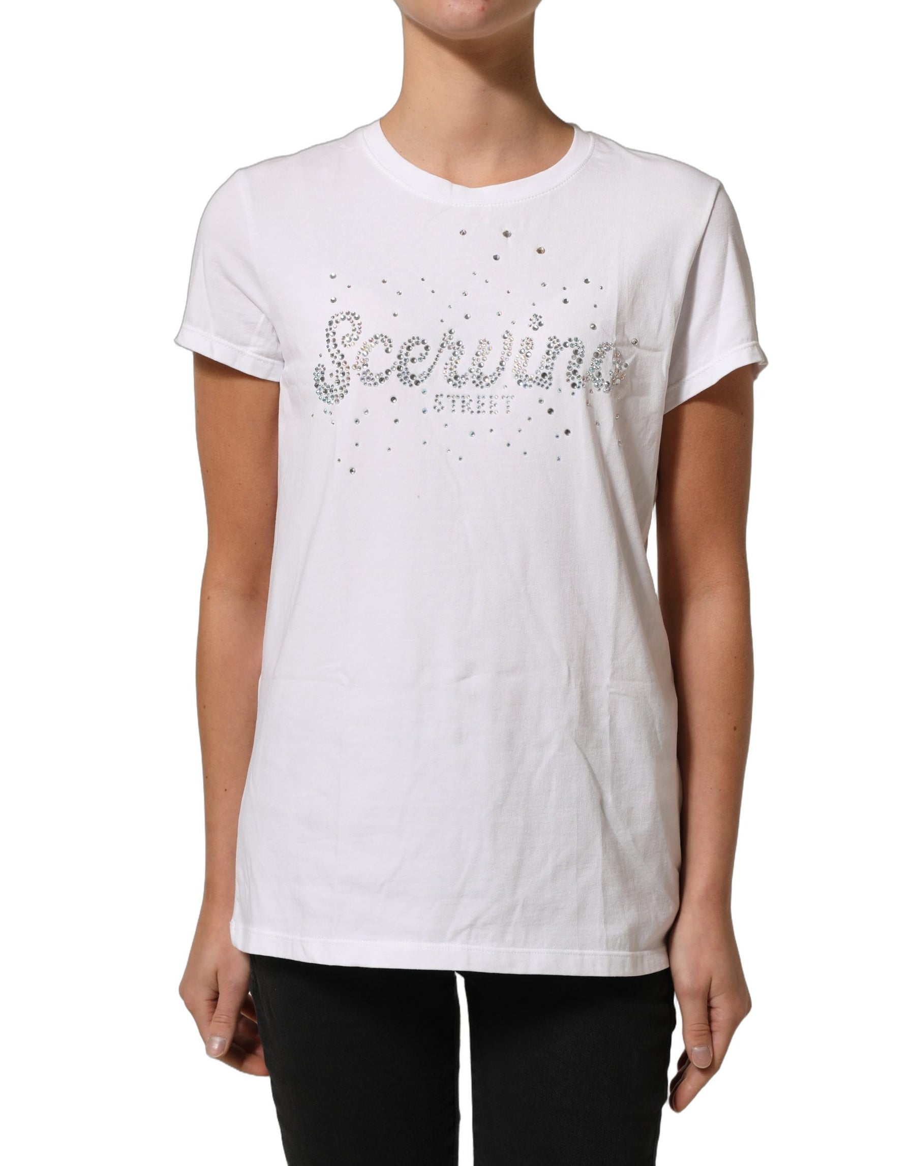 Scervino Street White Crew Neck Short Sleeves Embellished T-shirt | Regal Royce