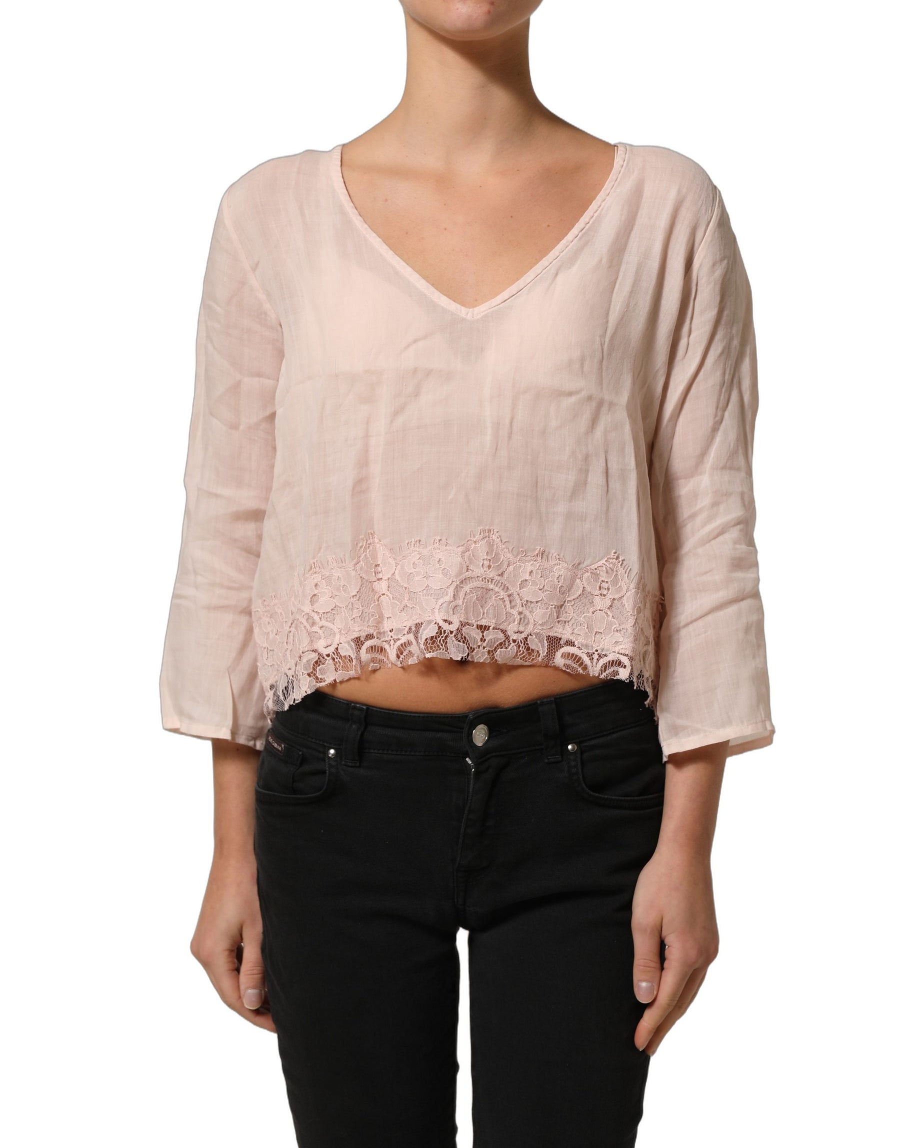 PINK MEMORIES Light Pink Linen V-Neck Long Sleeves Blouse Top | Regal Royce
