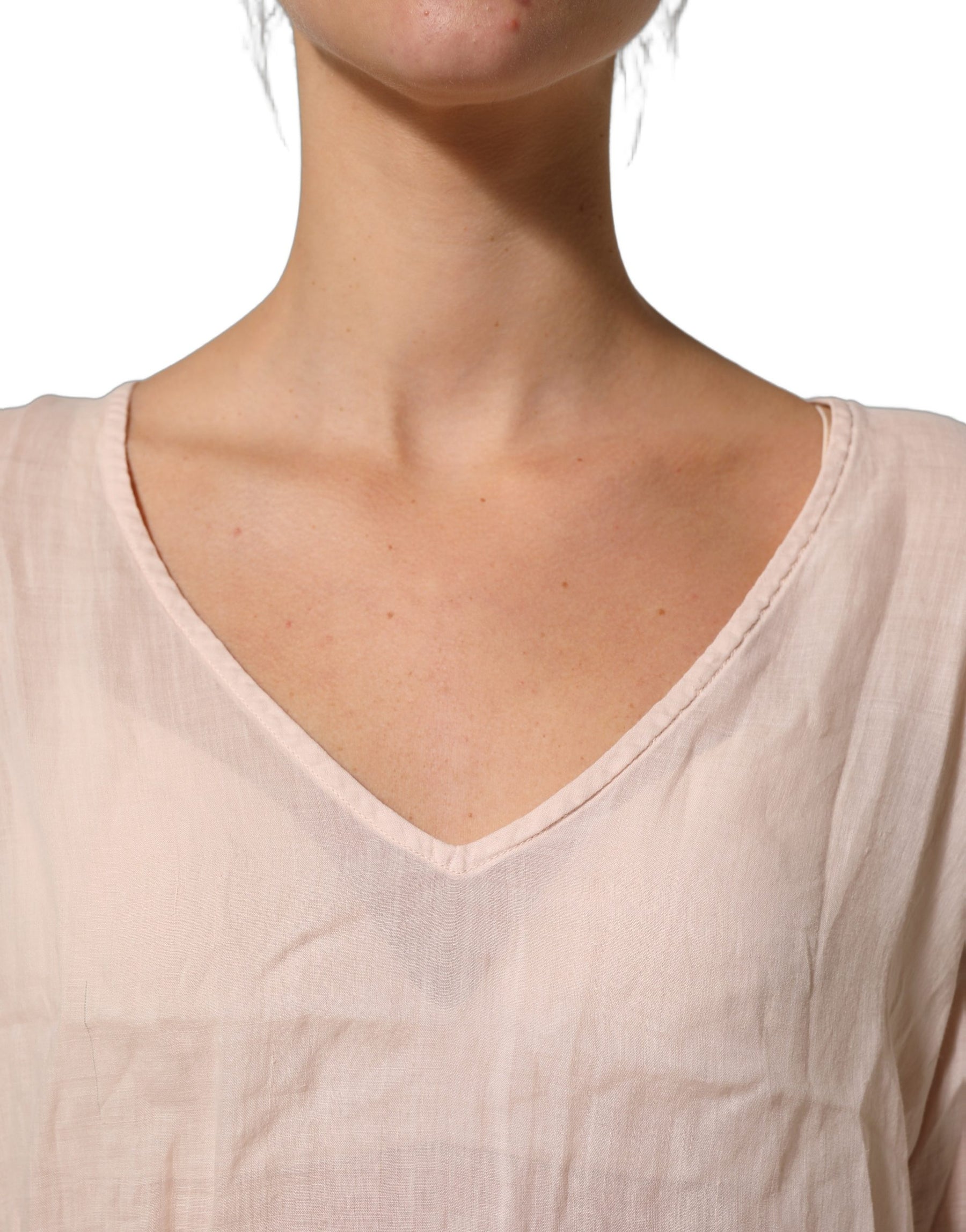 PINK MEMORIES Light Pink Linen V-Neck Long Sleeves Blouse Top | Regal Royce