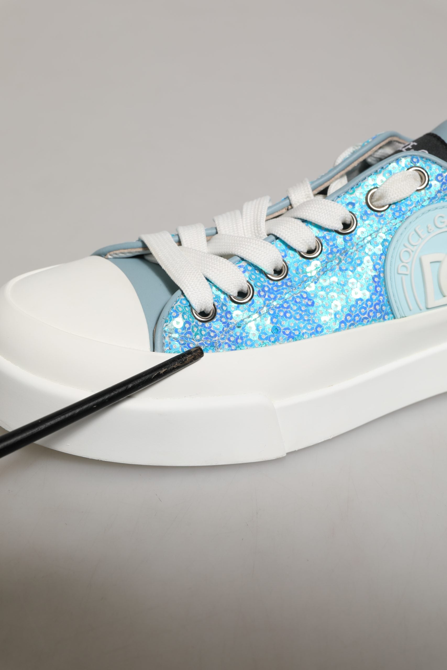 Dolce & Gabbana Blue White Sequin Logo Low Top Sneakers Shoes | Regal Royce