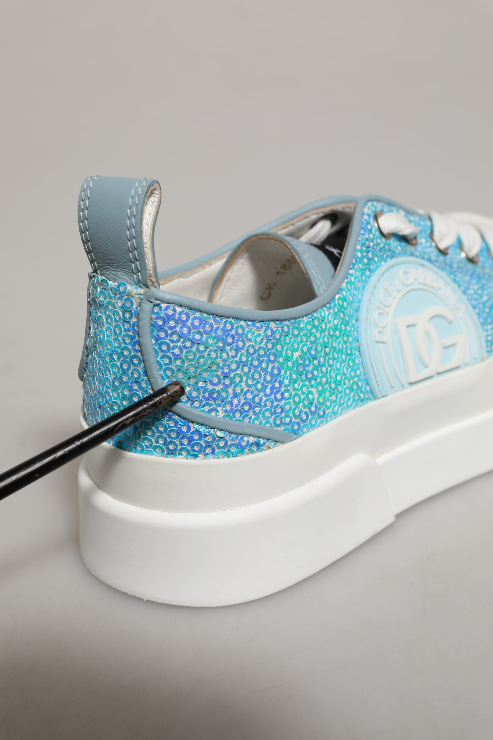 Dolce & Gabbana Blue White Sequin Logo Low Top Sneakers Shoes | Regal Royce