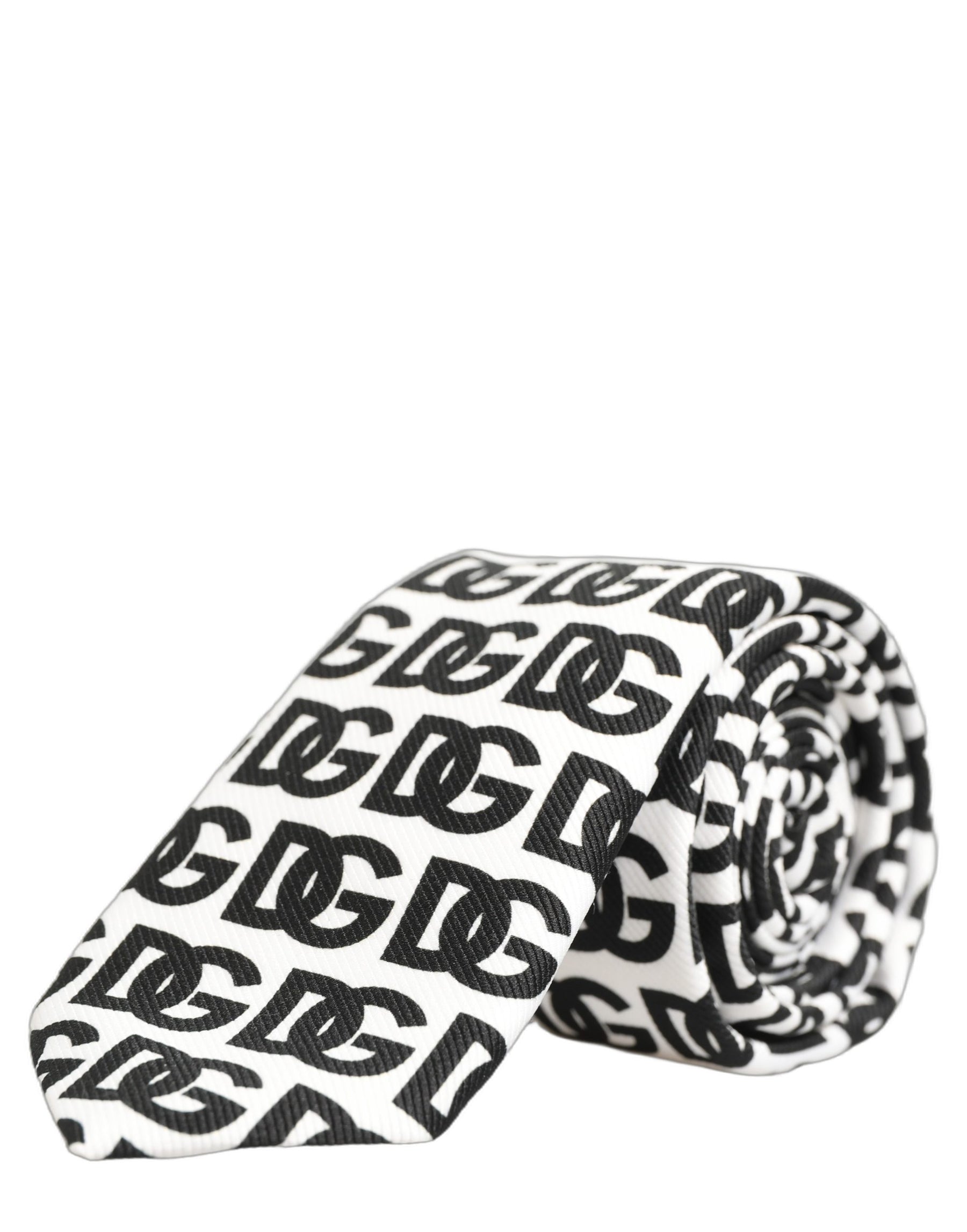 Dolce & Gabbana White Black Logo Monogram Wide Adjustable Men Necktie Tie | Regal Royce