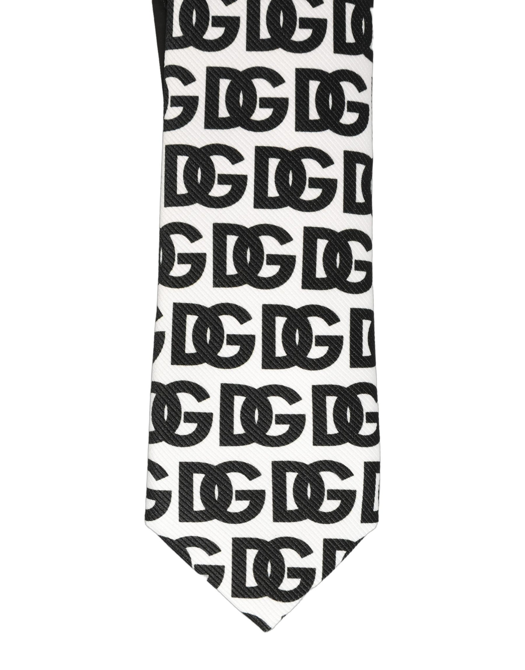 Dolce & Gabbana White Black Logo Monogram Wide Adjustable Men Necktie Tie | Regal Royce