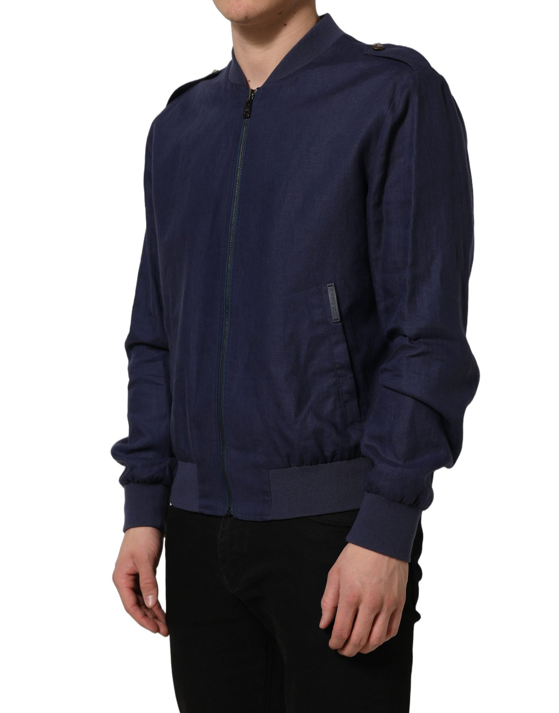 Dolce & Gabbana Blue Linen Full Zip Men Bomber Jacket | Regal Royce