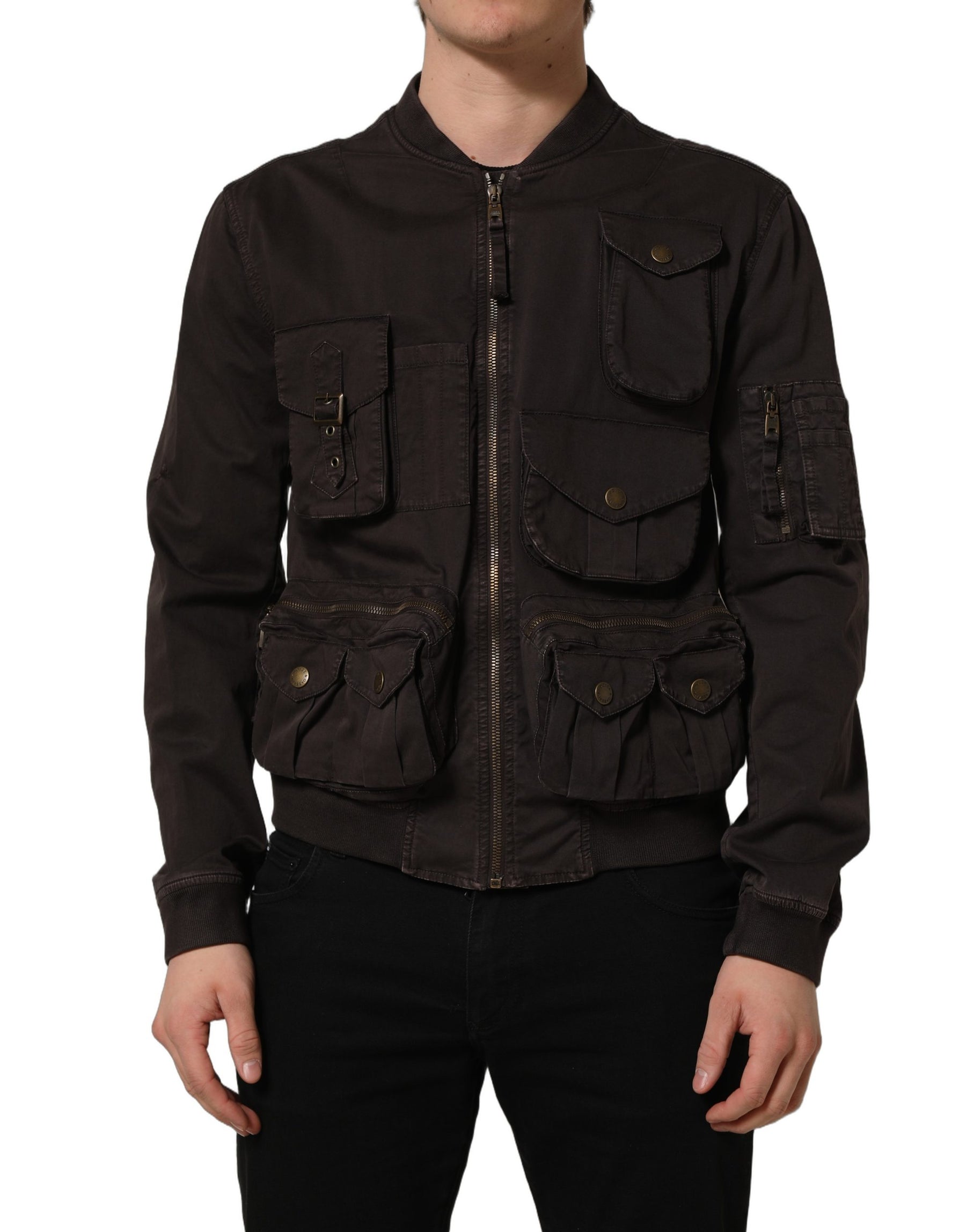 Dolce & Gabbana Brown Cotton Full Zip Men Bomber Jacket | Regal Royce