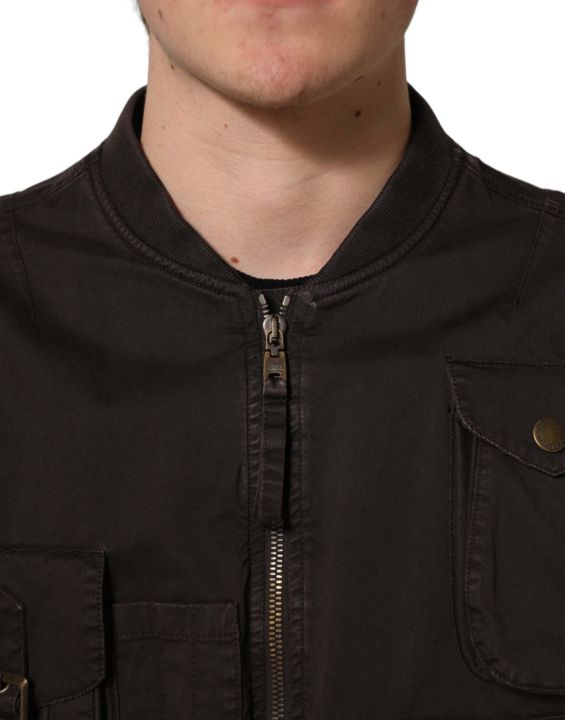 Dolce & Gabbana Brown Cotton Full Zip Men Bomber Jacket | Regal Royce
