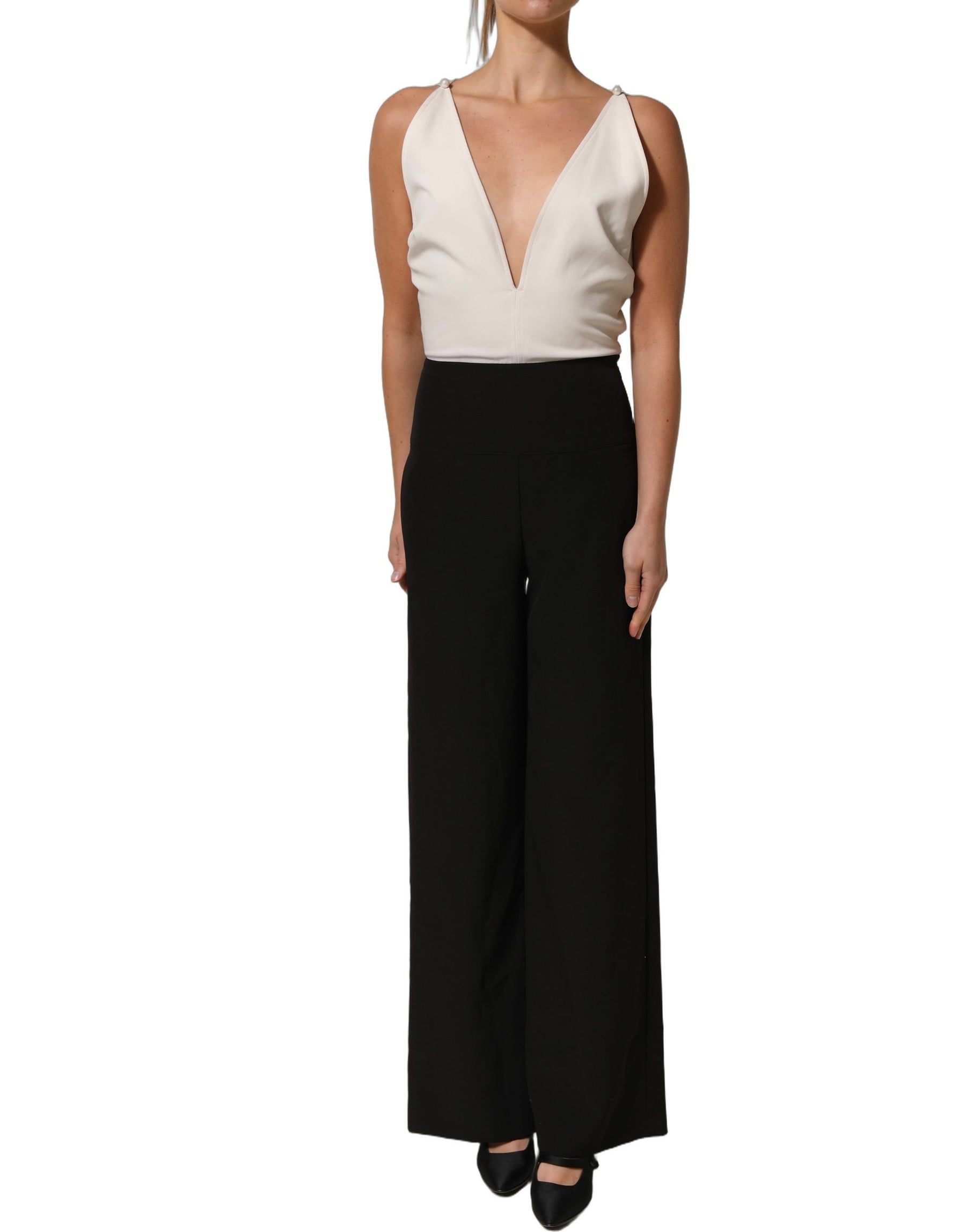 Atos Lombardini White Black Plunging Neck Sleeveless Bodysuit Dress | Regal Royce