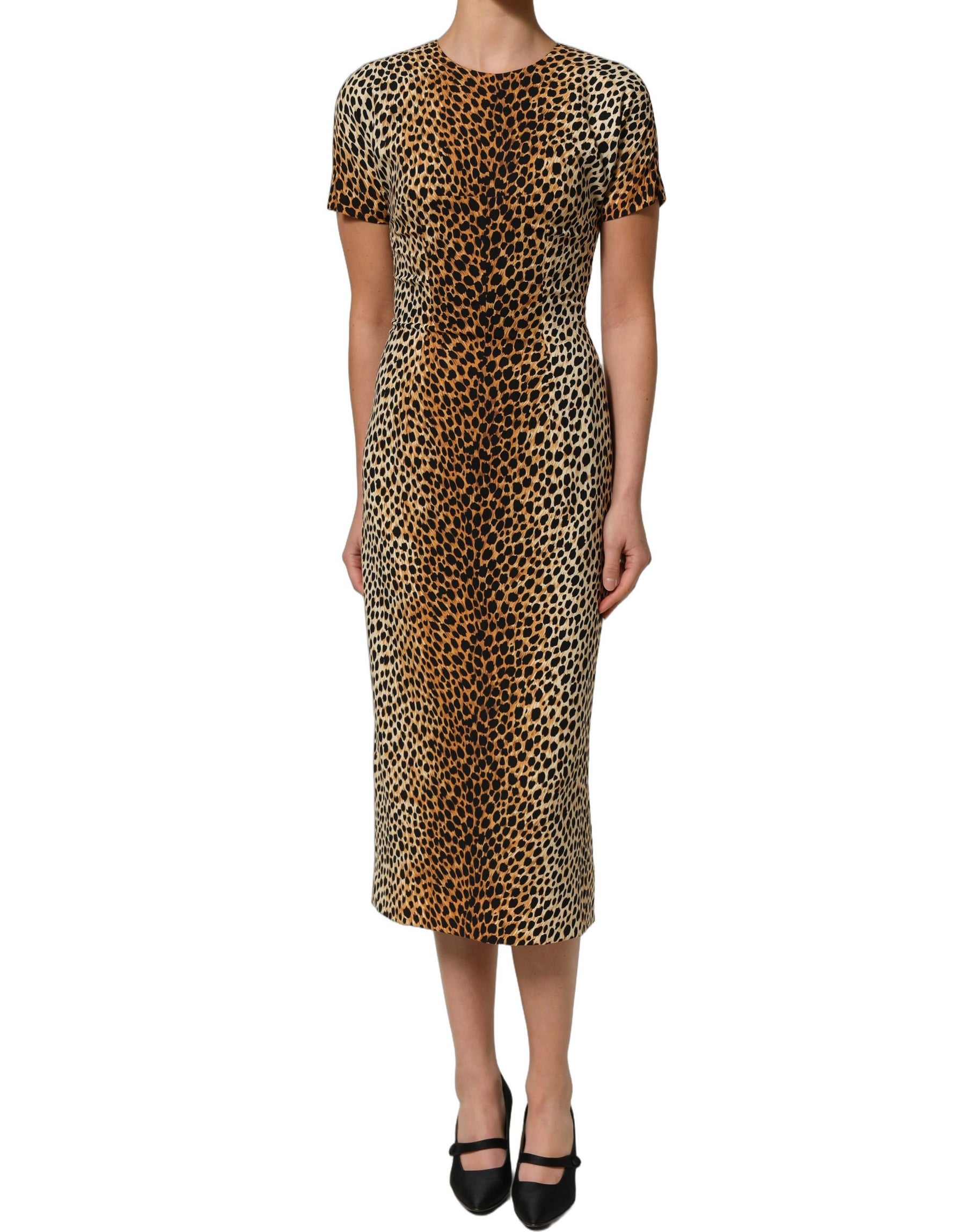 Dolce & Gabbana Brown Leopard Print Silk Sheath Midi Dress | Regal Royce
