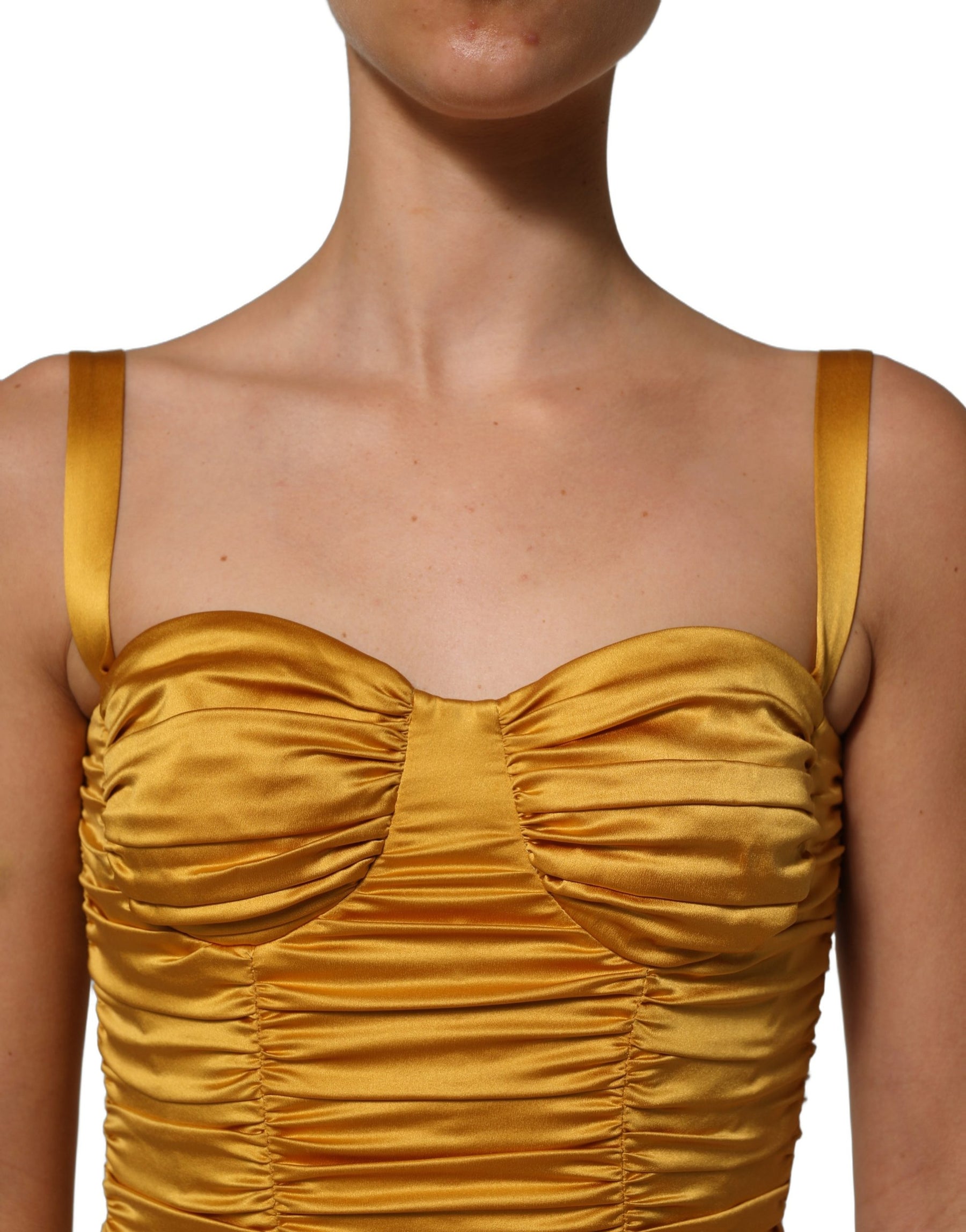 Dolce & Gabbana Gold Silk Ruched Bodycon Sheath Midi Dress | Regal Royce