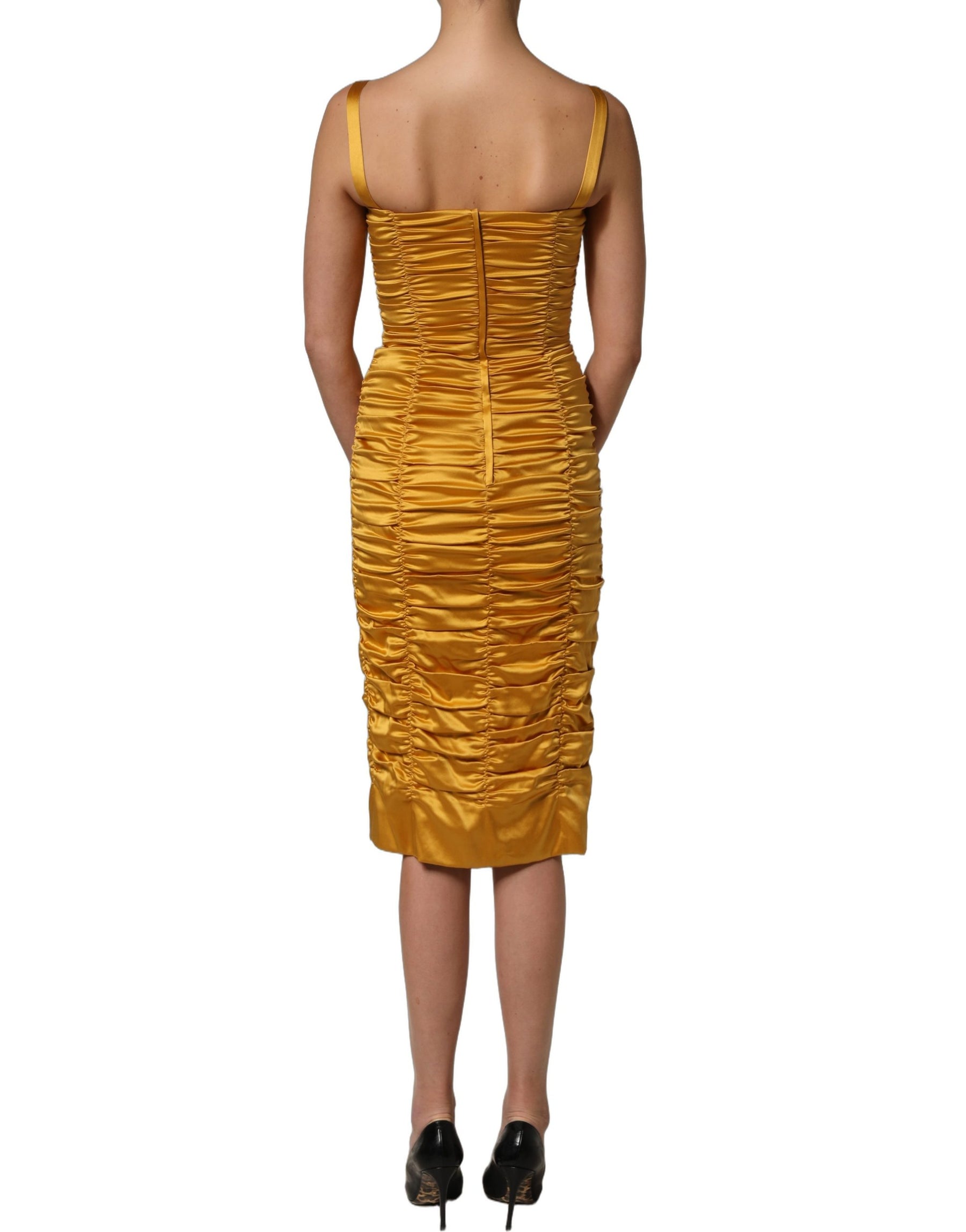 Dolce & Gabbana Gold Silk Ruched Bodycon Sheath Midi Dress | Regal Royce
