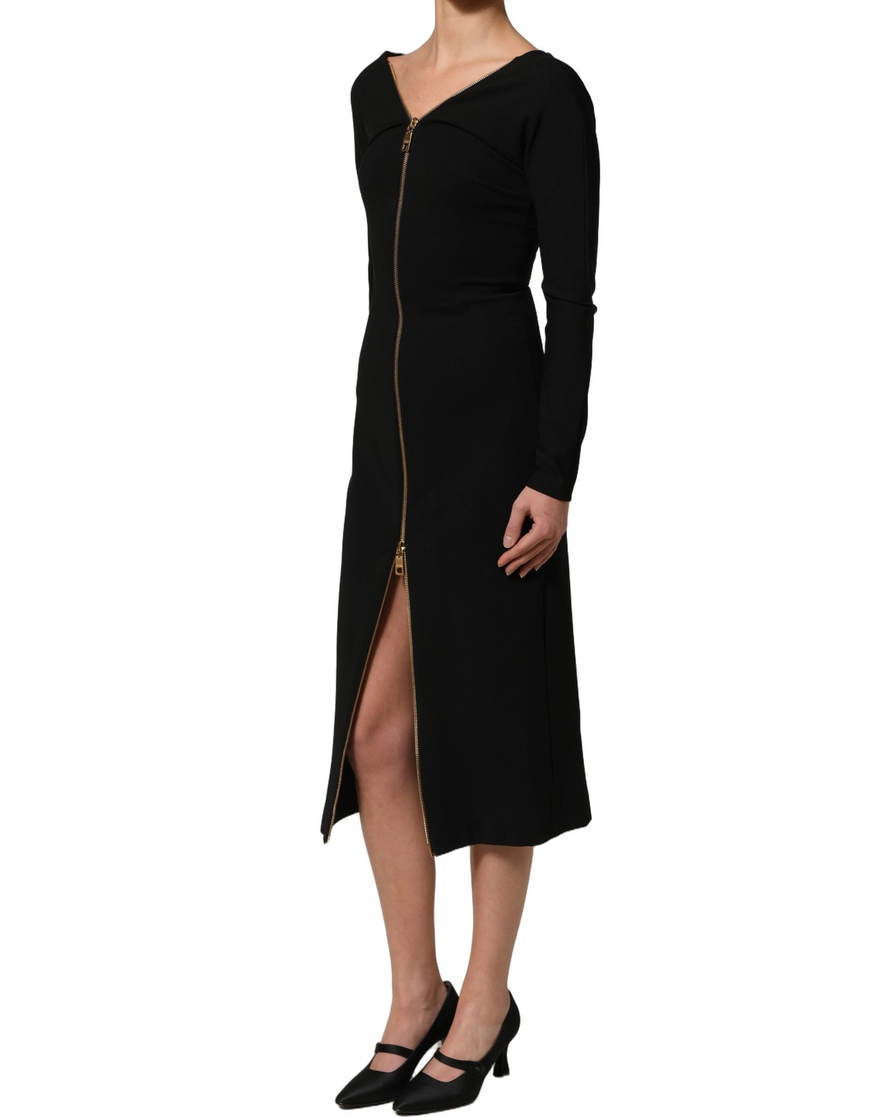 Dolce & Gabbana Black Long Sleeves Front Zipper Midi Dress | Regal Royce