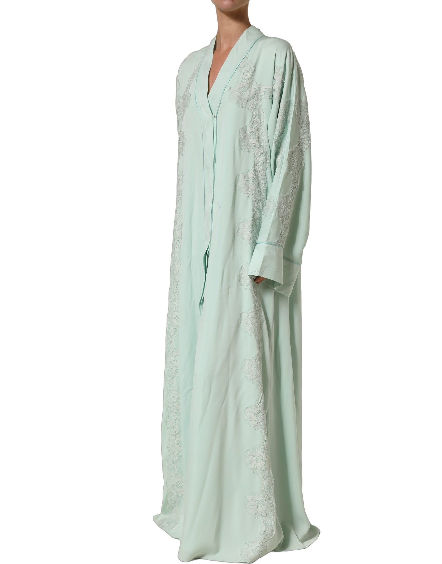 Dolce & Gabbana Mint Green Silk Lace Trim Abaya Maxi Dress | Regal Royce