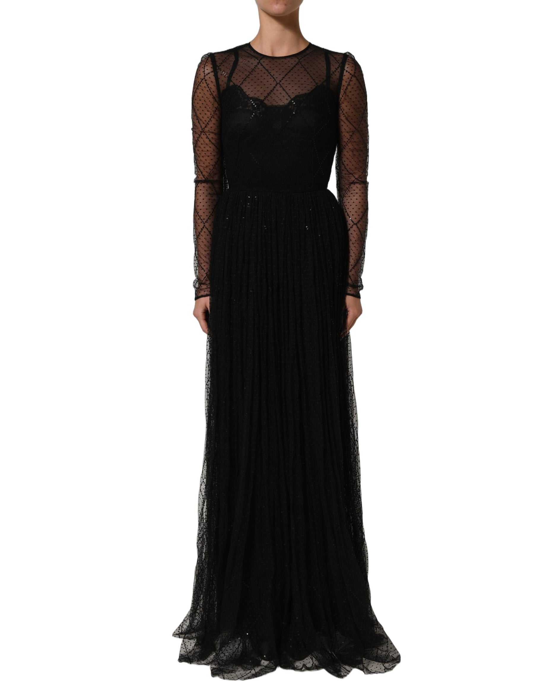 Dolce & Gabbana Black Mesh Lace Long Sleeved Maxi Gown Dress | Regal Royce