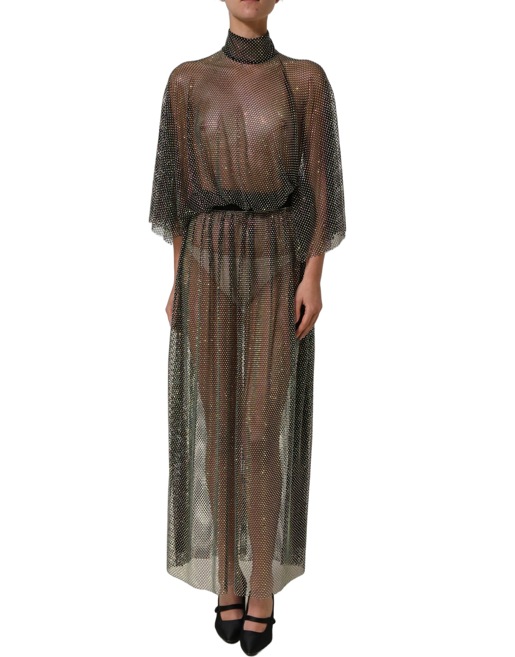 Dolce & Gabbana Black Rhinestone Mesh Turtleneck Maxi Dress | Regal Royce