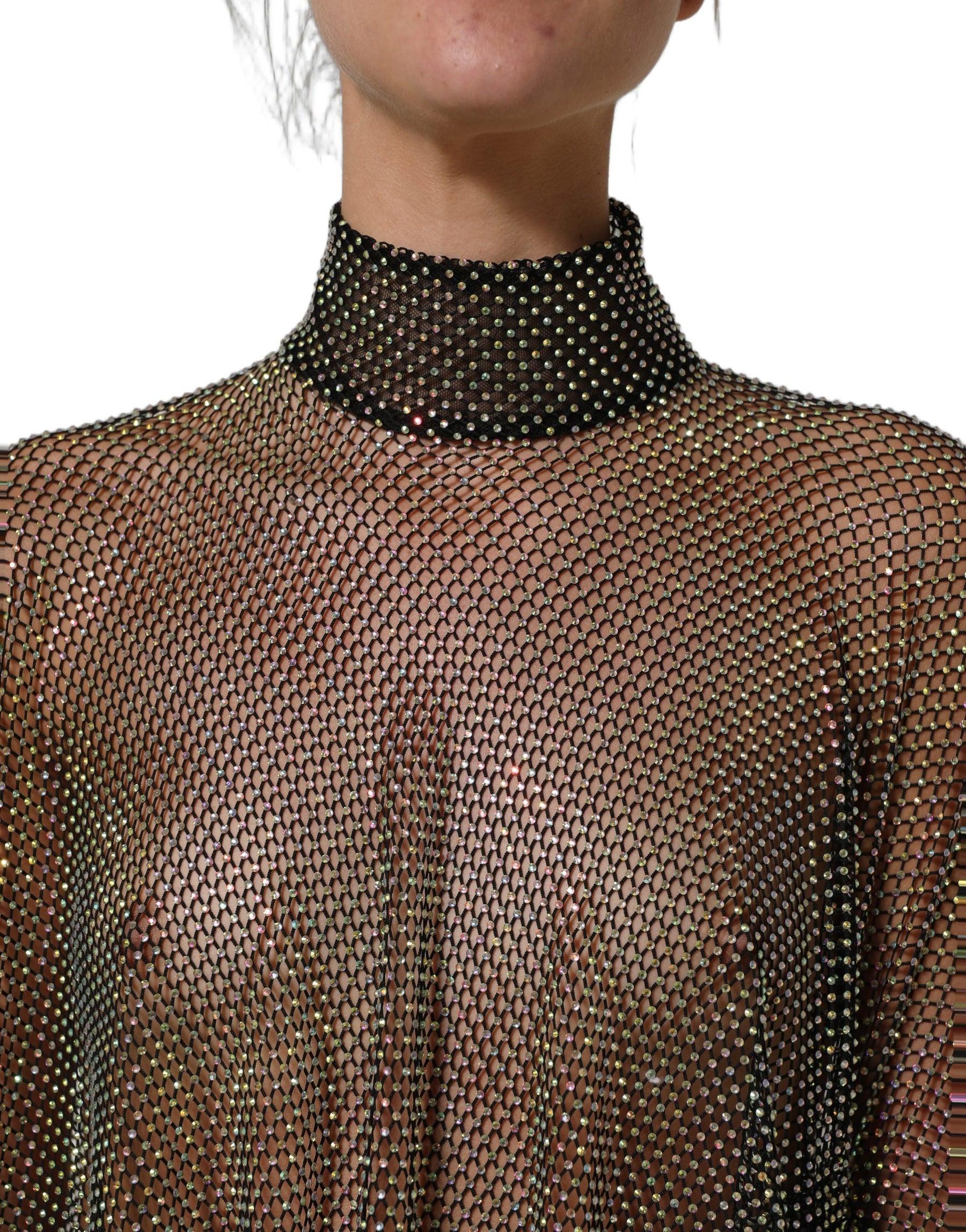Dolce & Gabbana Black Rhinestone Mesh Turtleneck Maxi Dress | Regal Royce