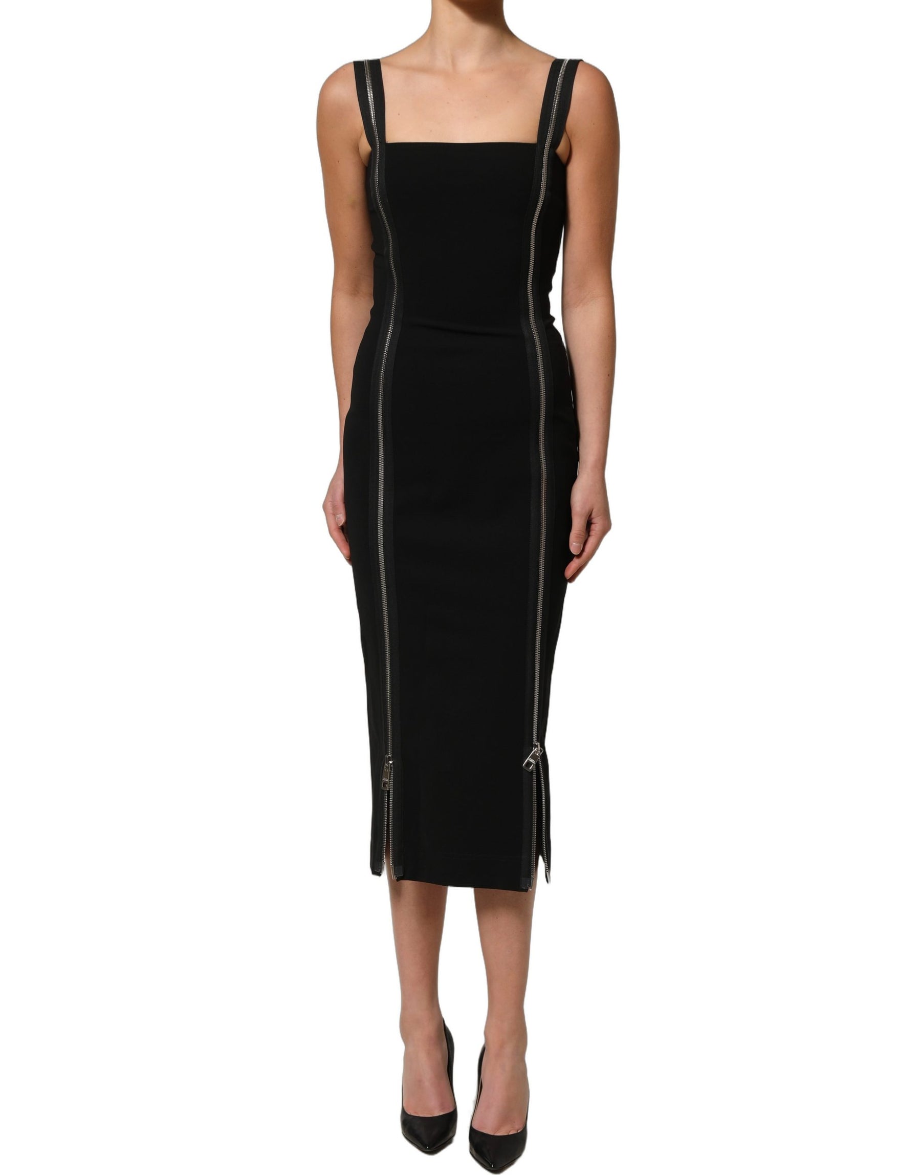 Dolce & Gabbana Black Sleeveless Front Zipper Midi Dress | Regal Royce