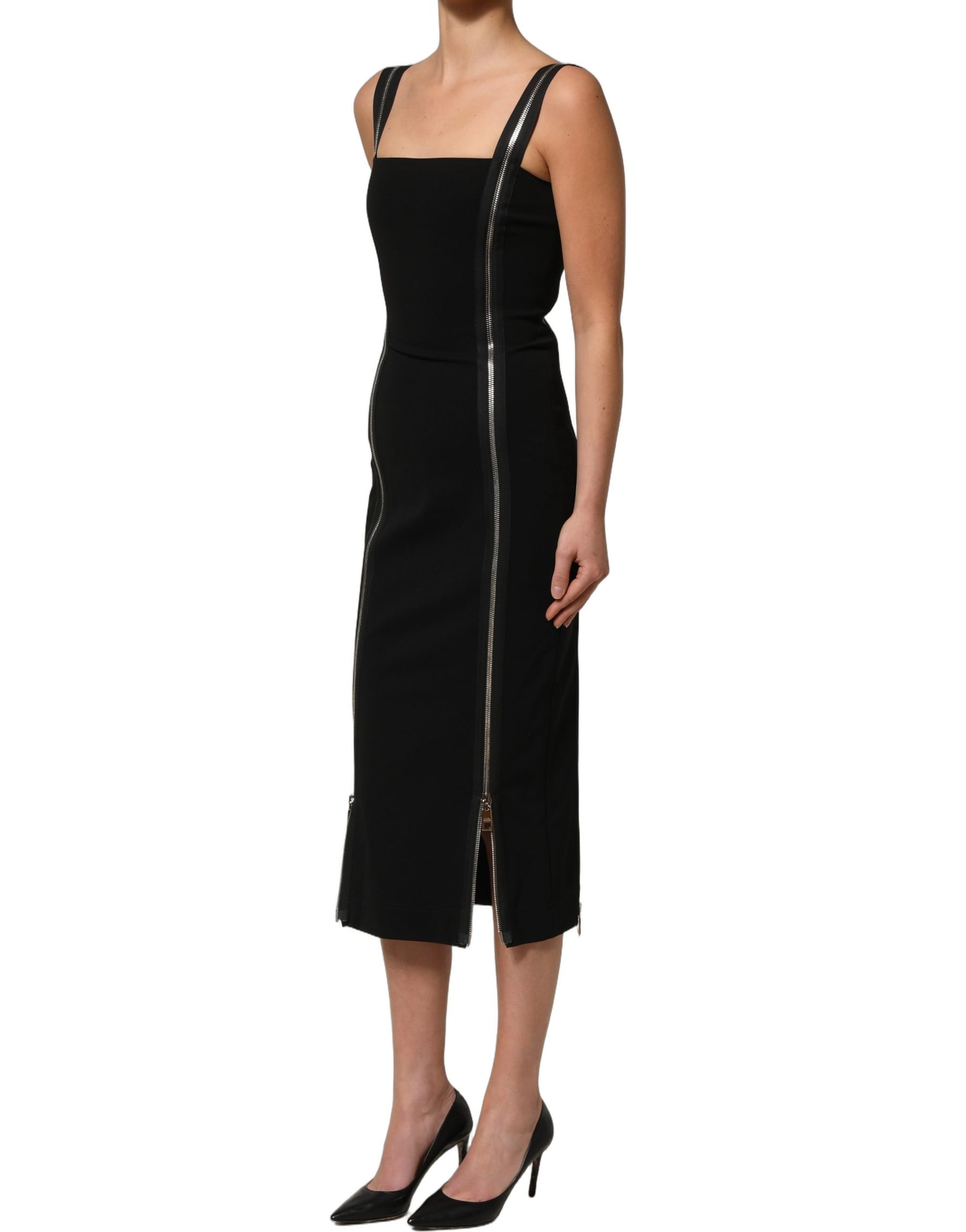 Dolce & Gabbana Black Sleeveless Front Zipper Midi Dress | Regal Royce