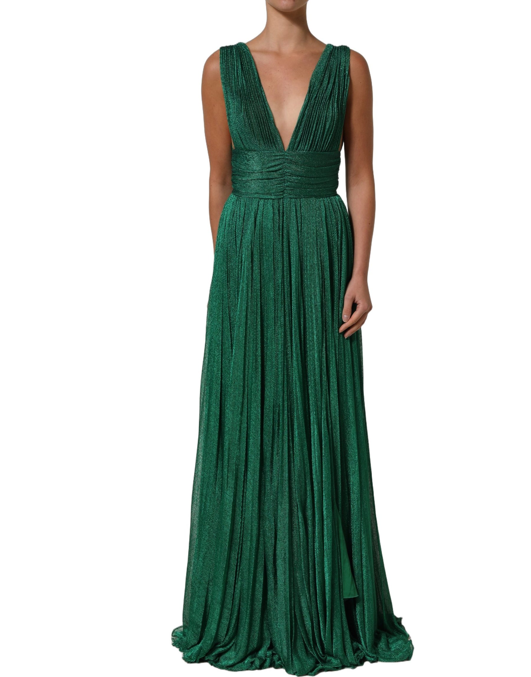 Dolce & Gabbana Metallic Green Sleeveless Plissé Gown Dress | Regal Royce
