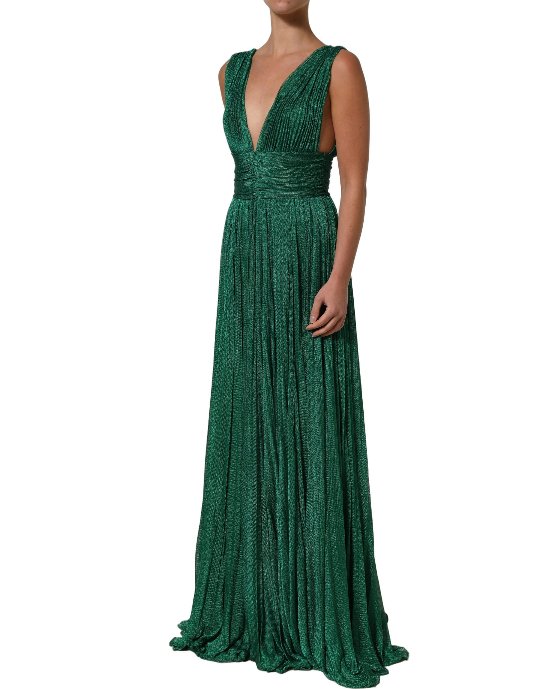 Dolce & Gabbana Metallic Green Sleeveless Plissé Gown Dress | Regal Royce