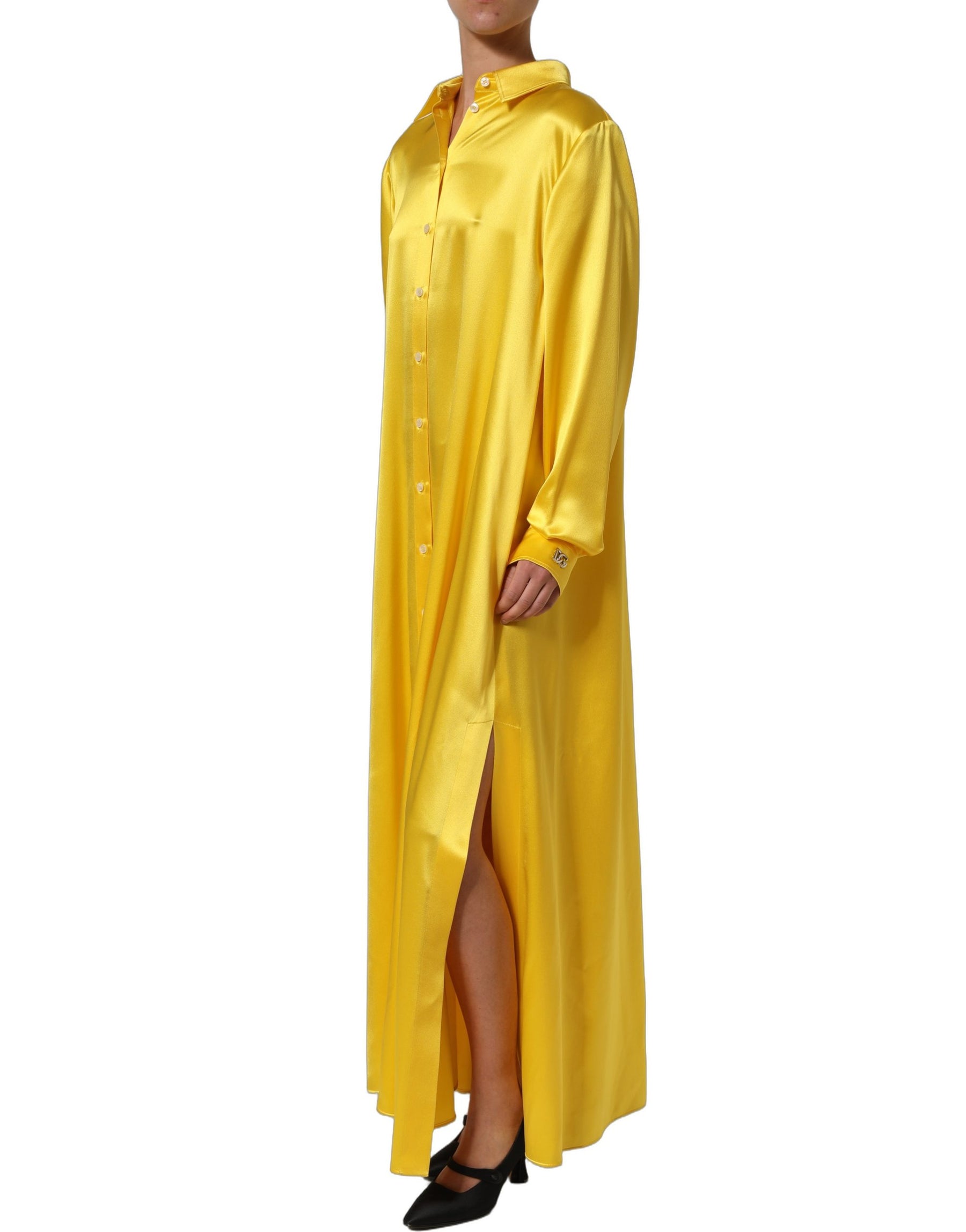 Dolce & Gabbana Yellow Silk Collared Button Down Maxi Dress | Regal Royce