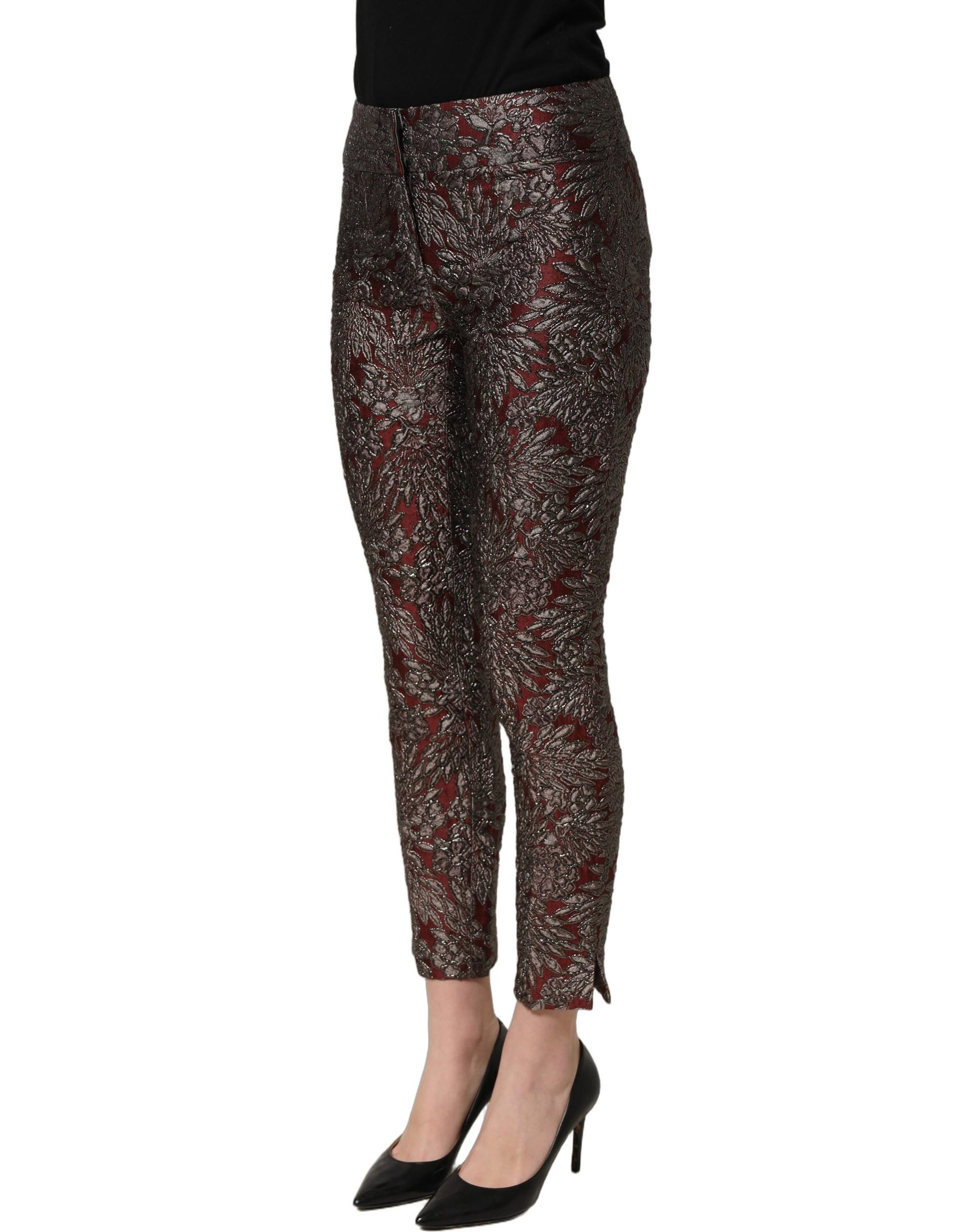 Dolce & Gabbana Burgundy Grey Floral Jacquard Straight Pants | Regal Royce