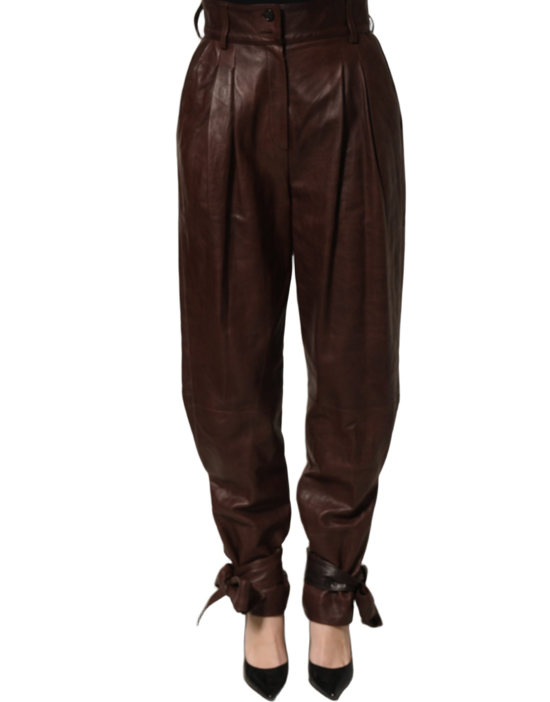 Dolce & Gabbana Brown Leather High Waist Tapered Leg Pants | Regal Royce
