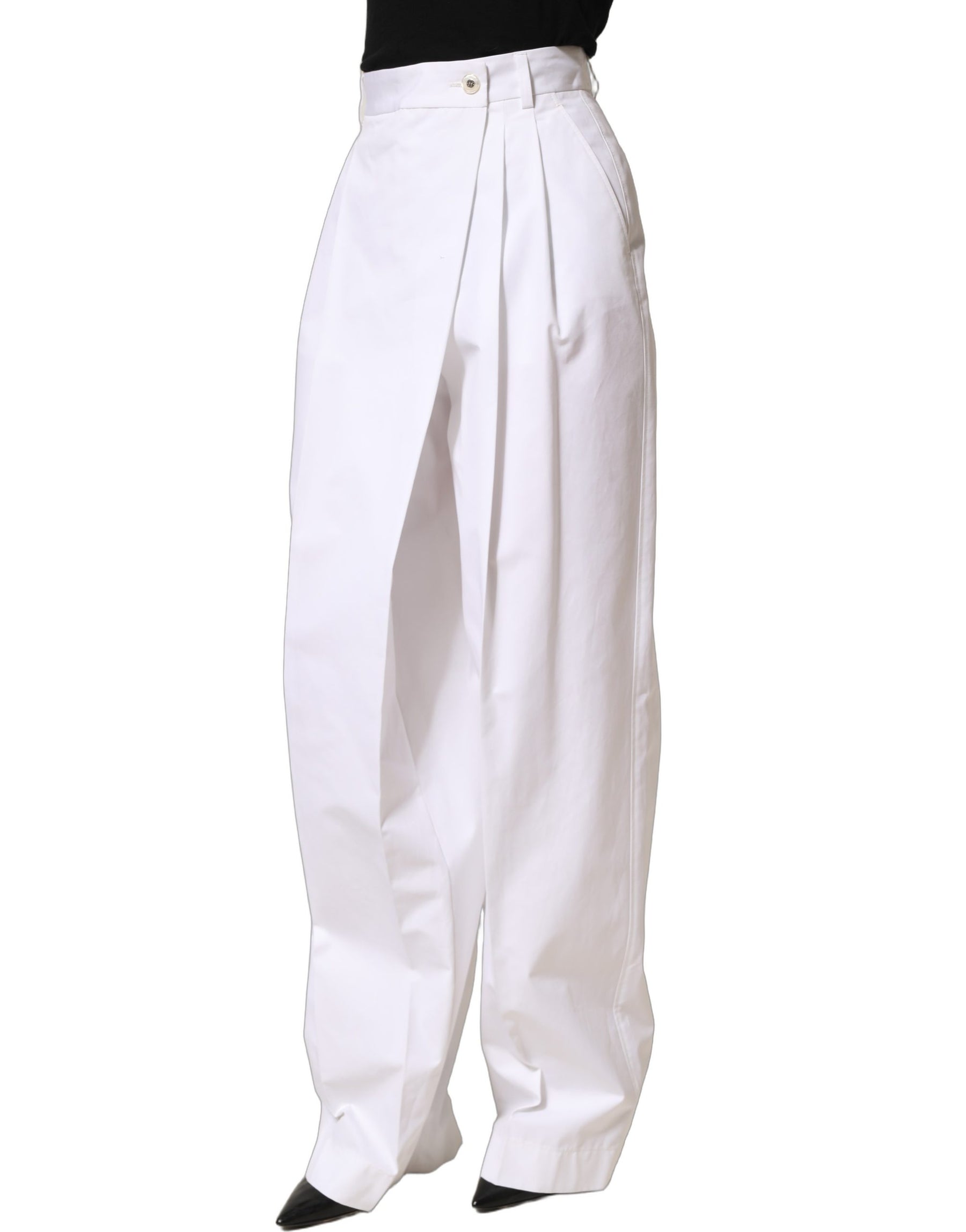 Dolce & Gabbana White Cotton High Waist Pleated Wide Leg Pants | Regal Royce