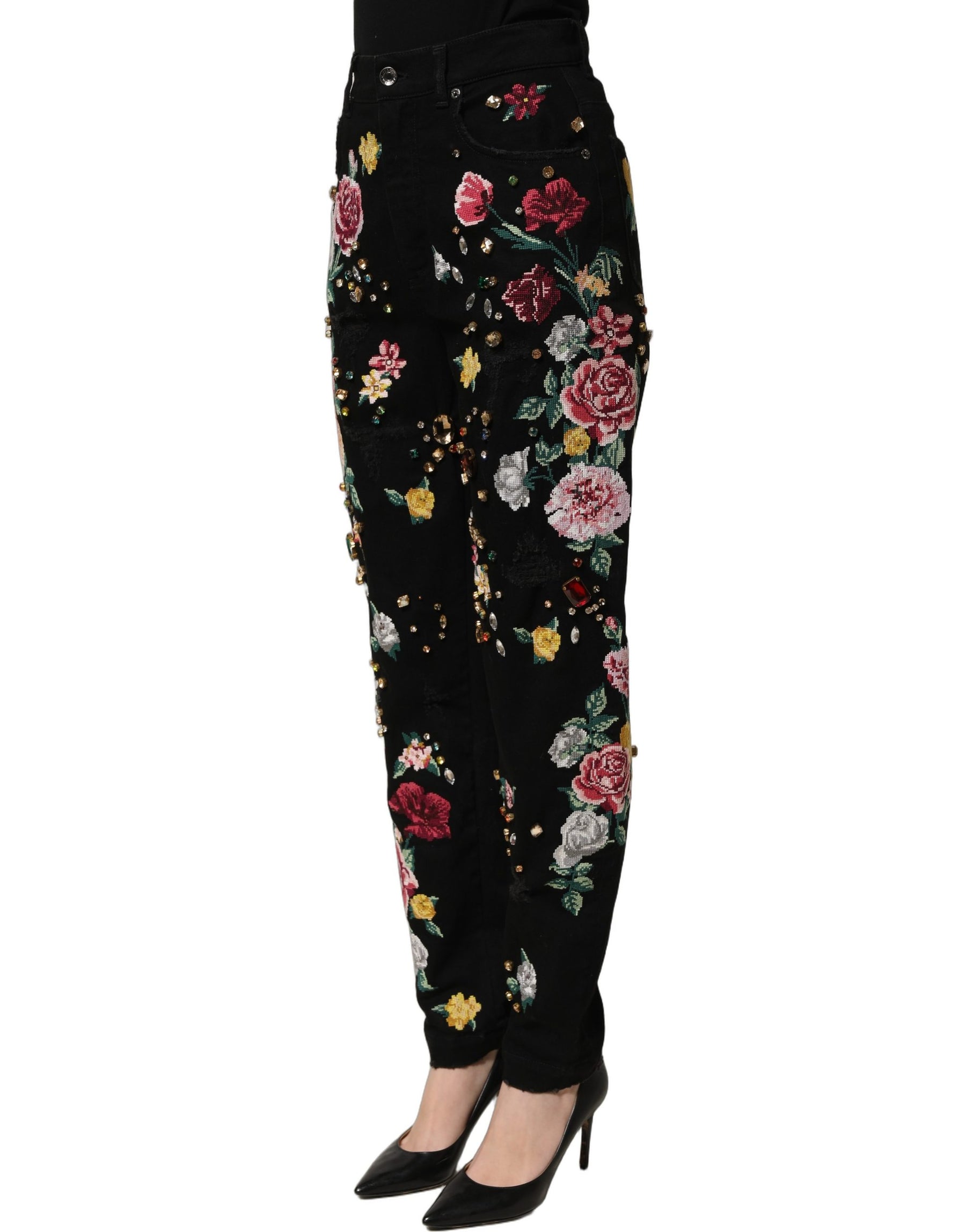 Dolce & Gabbana Black Floral Cotton High Waist Tapered Pants | Regal Royce
