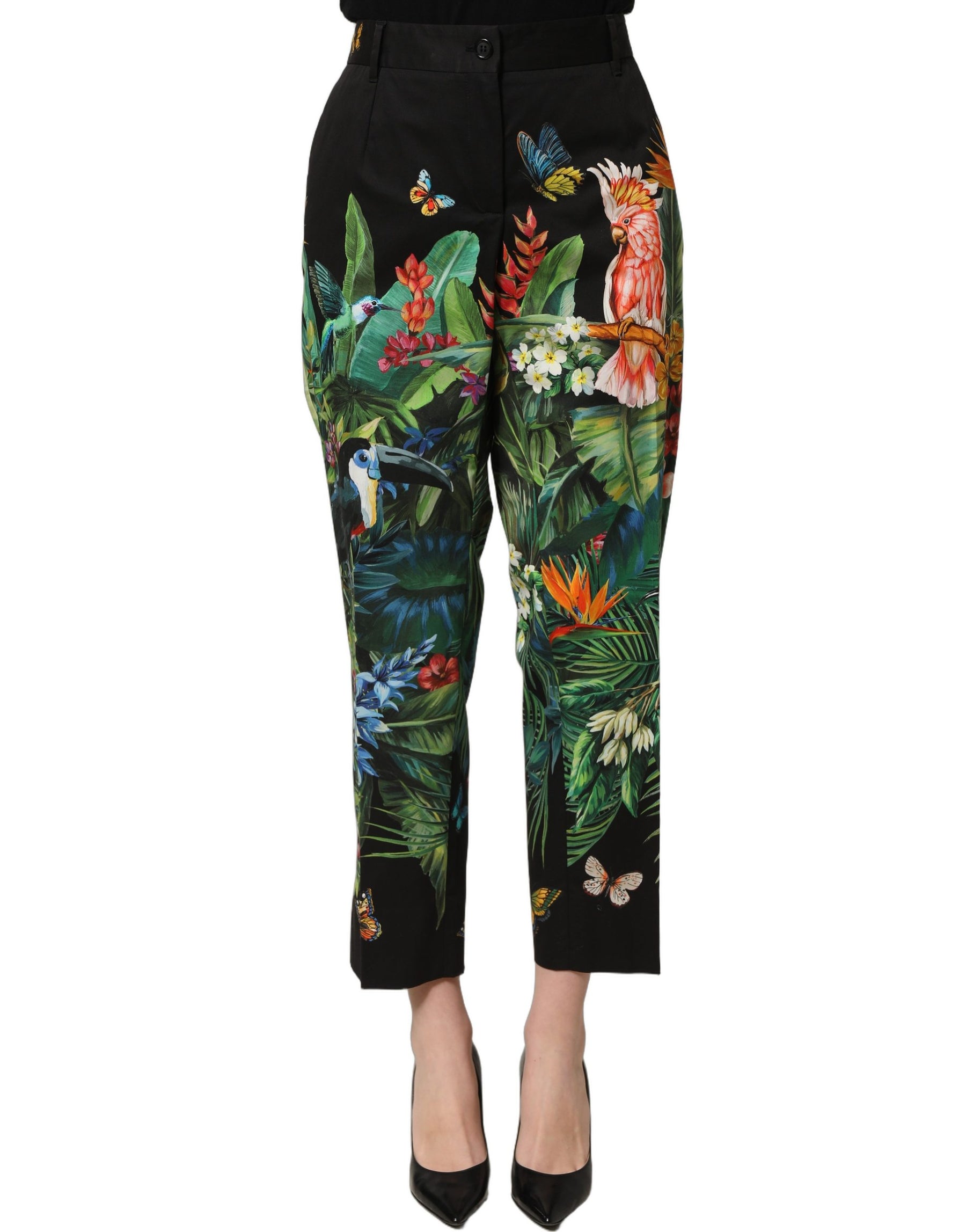 Dolce & Gabbana Black Tropical Print Cotton HighWaist Pants | Regal Royce