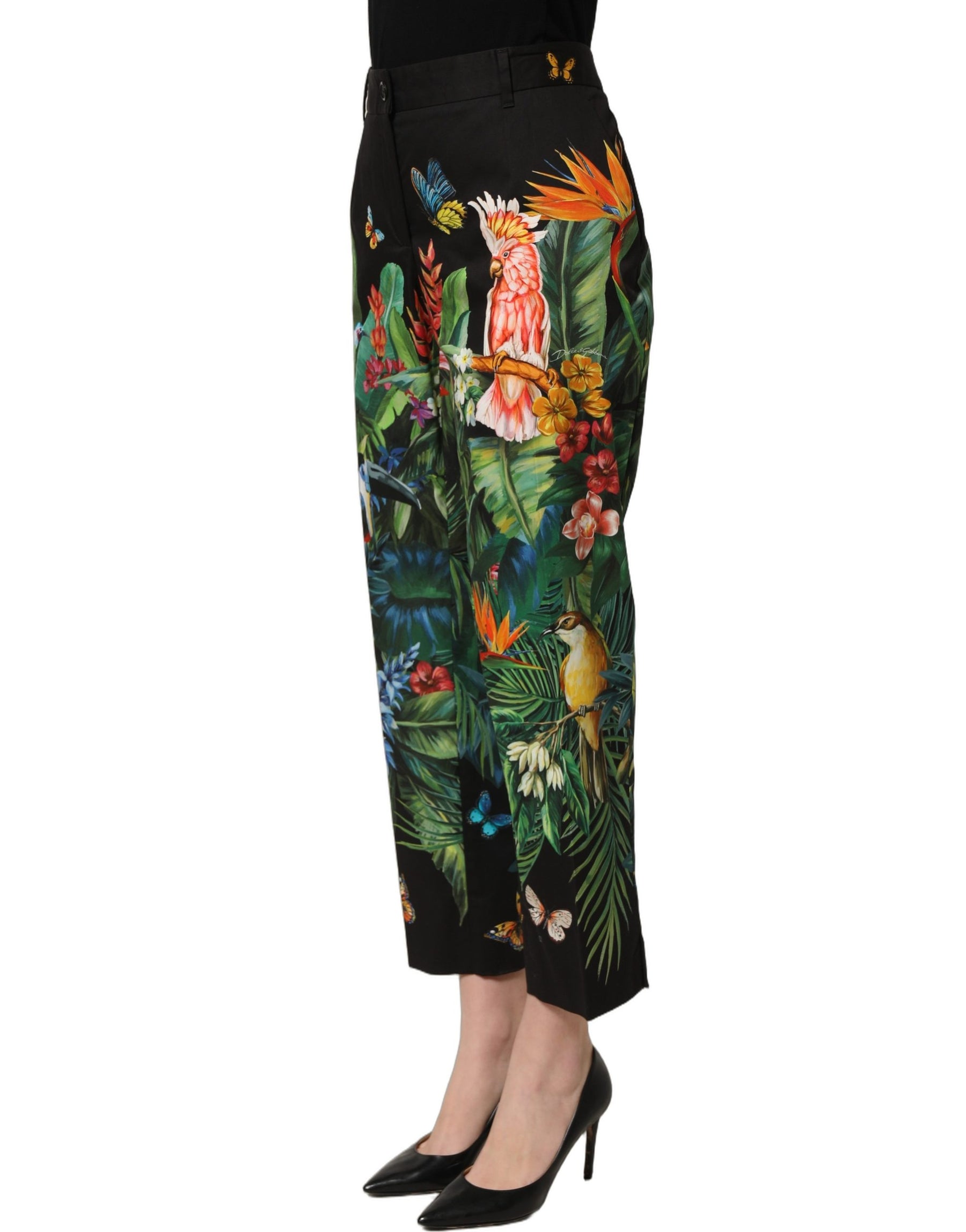 Dolce & Gabbana Black Tropical Print Cotton HighWaist Pants | Regal Royce